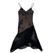 Sue Wong Black Silk Embellished Flower Handkerchief Dress (M)