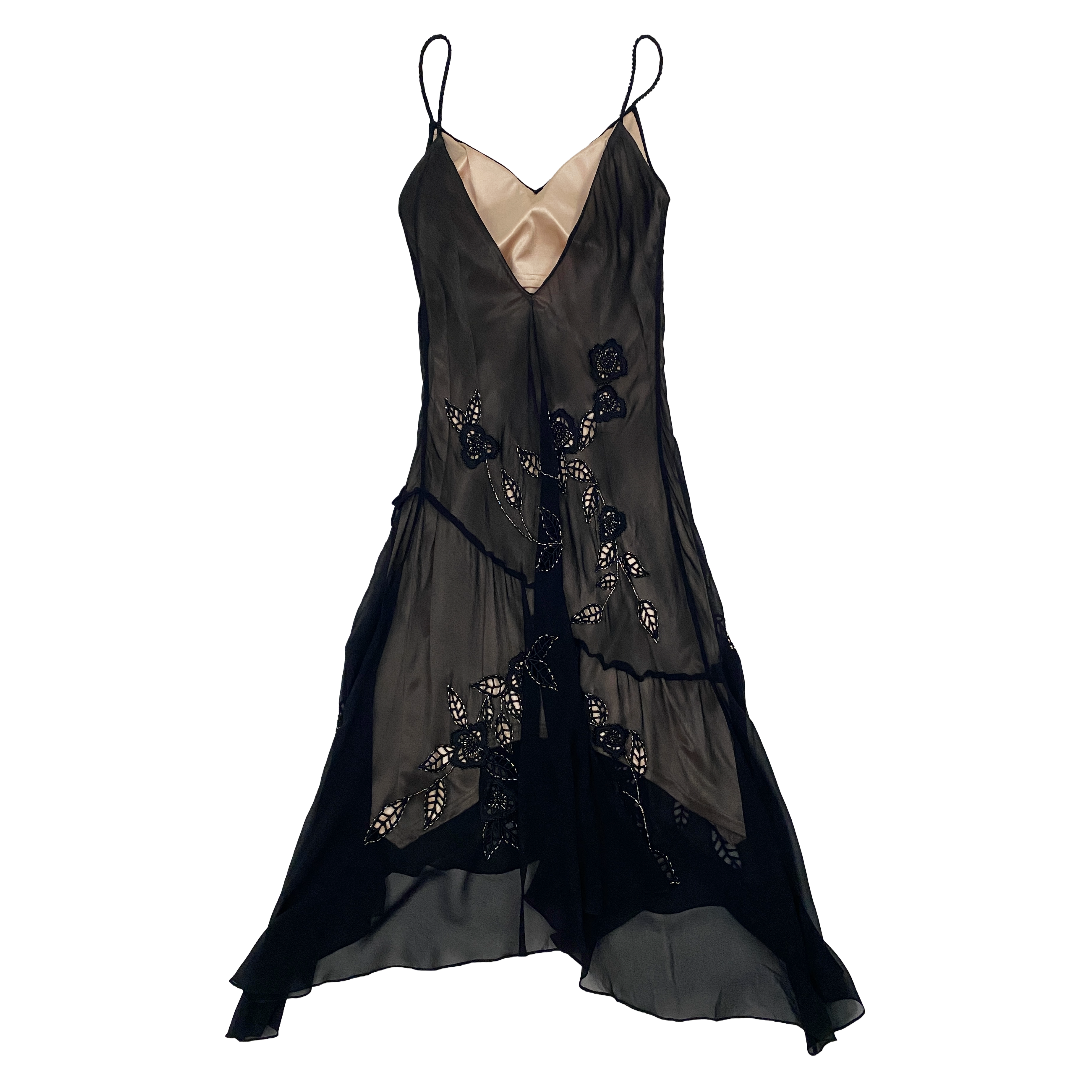 Sue Wong Black Silk Embellished Flower Handkerchief Dress (M)