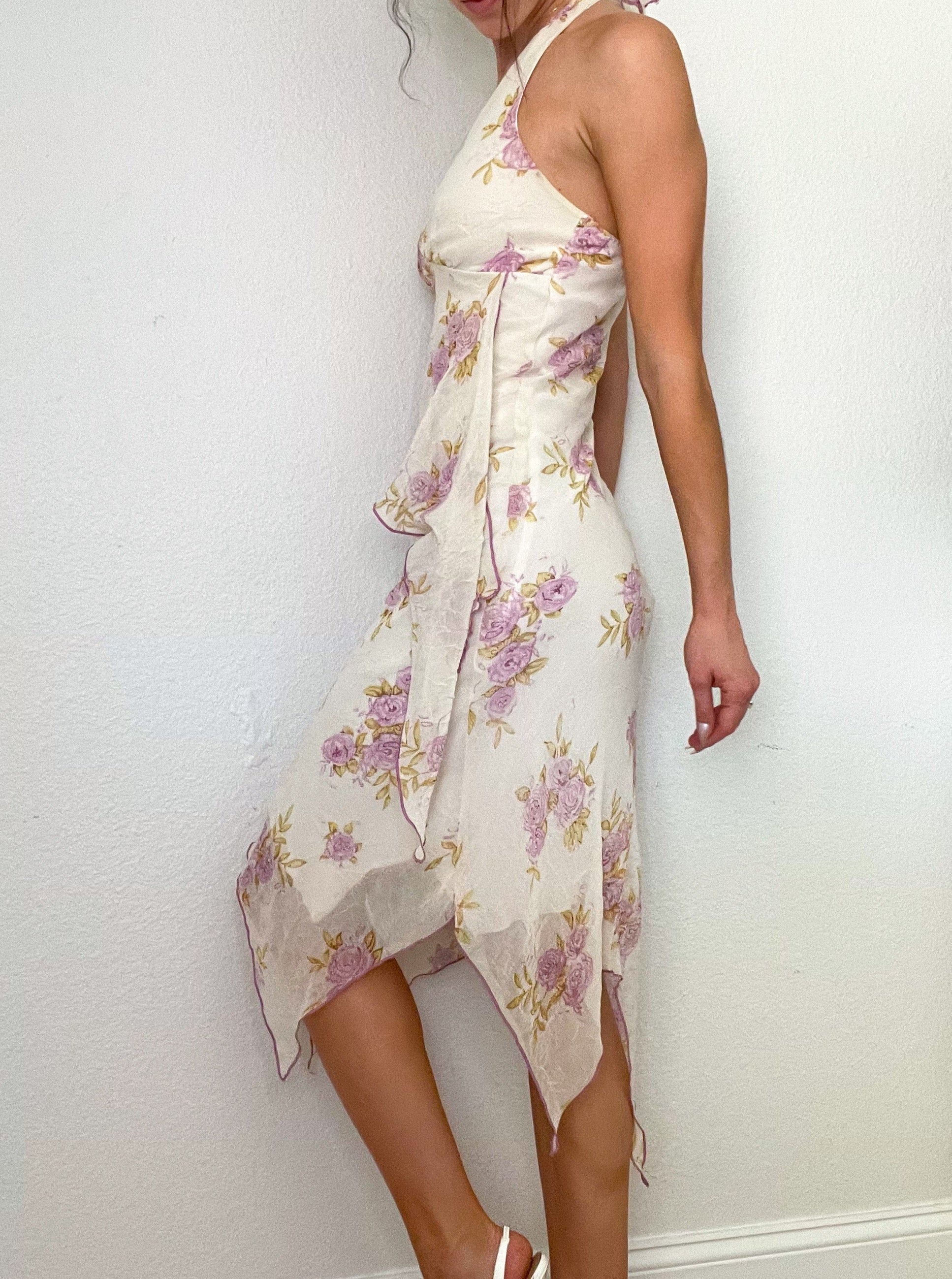 White Floral Early 2000s Halter Midi Dress (S) White Floral Early 2000s Halter Midi Dress (S)