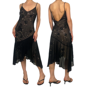 Sue Wong Black Silk Embellished Flower Handkerchief Dress (M)