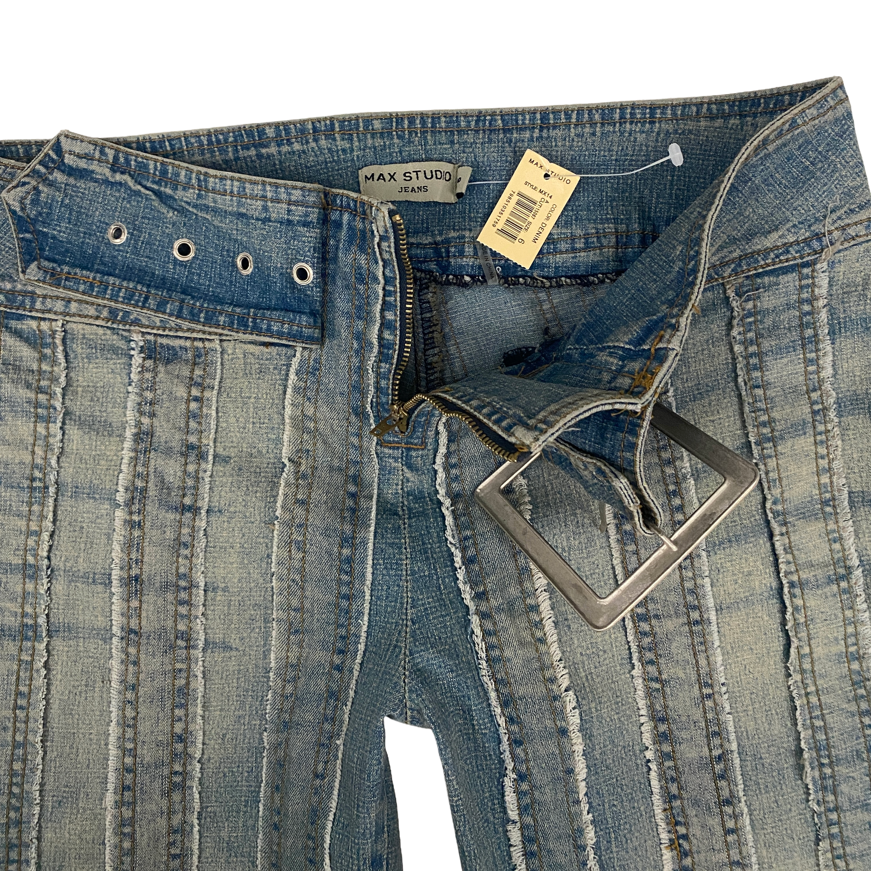 Max Studio 2000s Striped Mid-Rise Belted Flare Jeans (S/M)