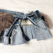 Upcycled Fur-Trim Denim Mini Skirt-Belt (S-M)