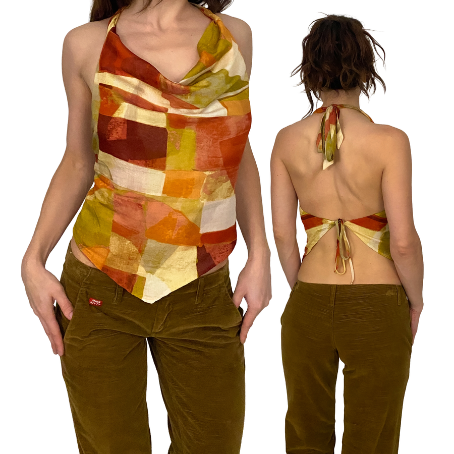 Y2K Moa Moa Open Back Cowl Neck Halter Top (S)