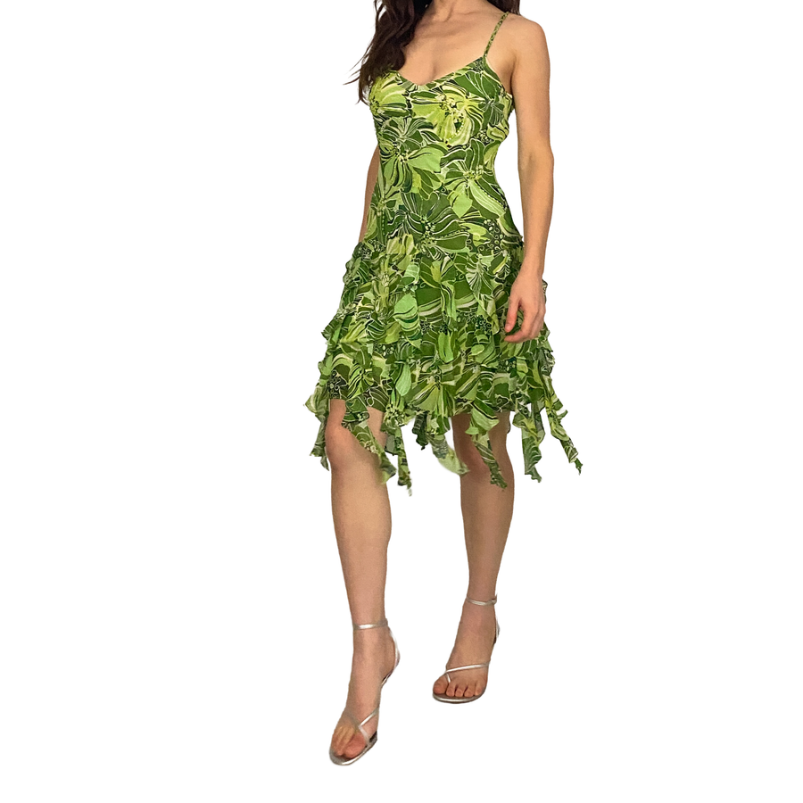 Sue Wong Lime Green Silk Embellished Floral Ruffle Fairy Dress (S/M)