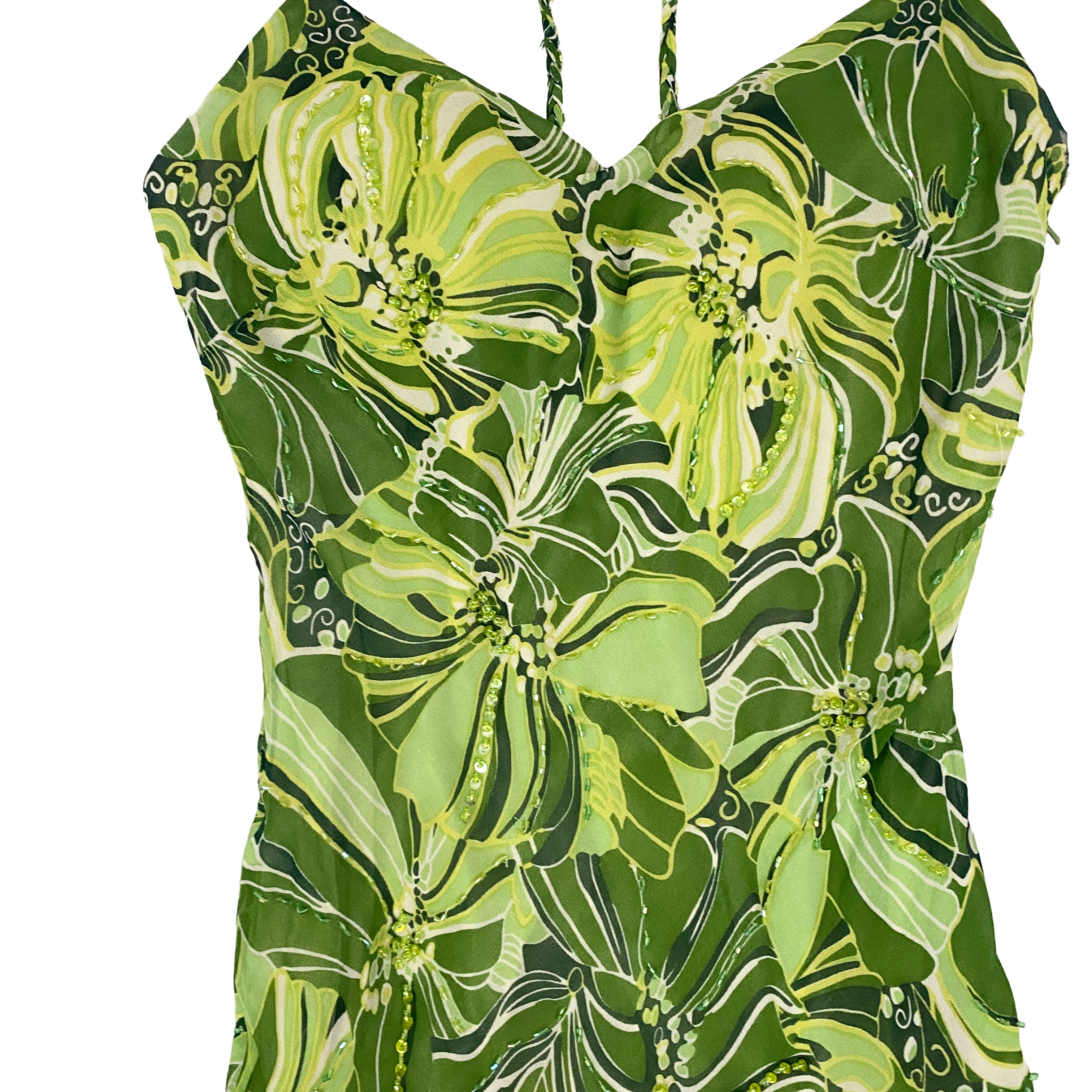 Sue Wong Lime Green Silk Embellished Floral Ruffle Fairy Dress (S/M)