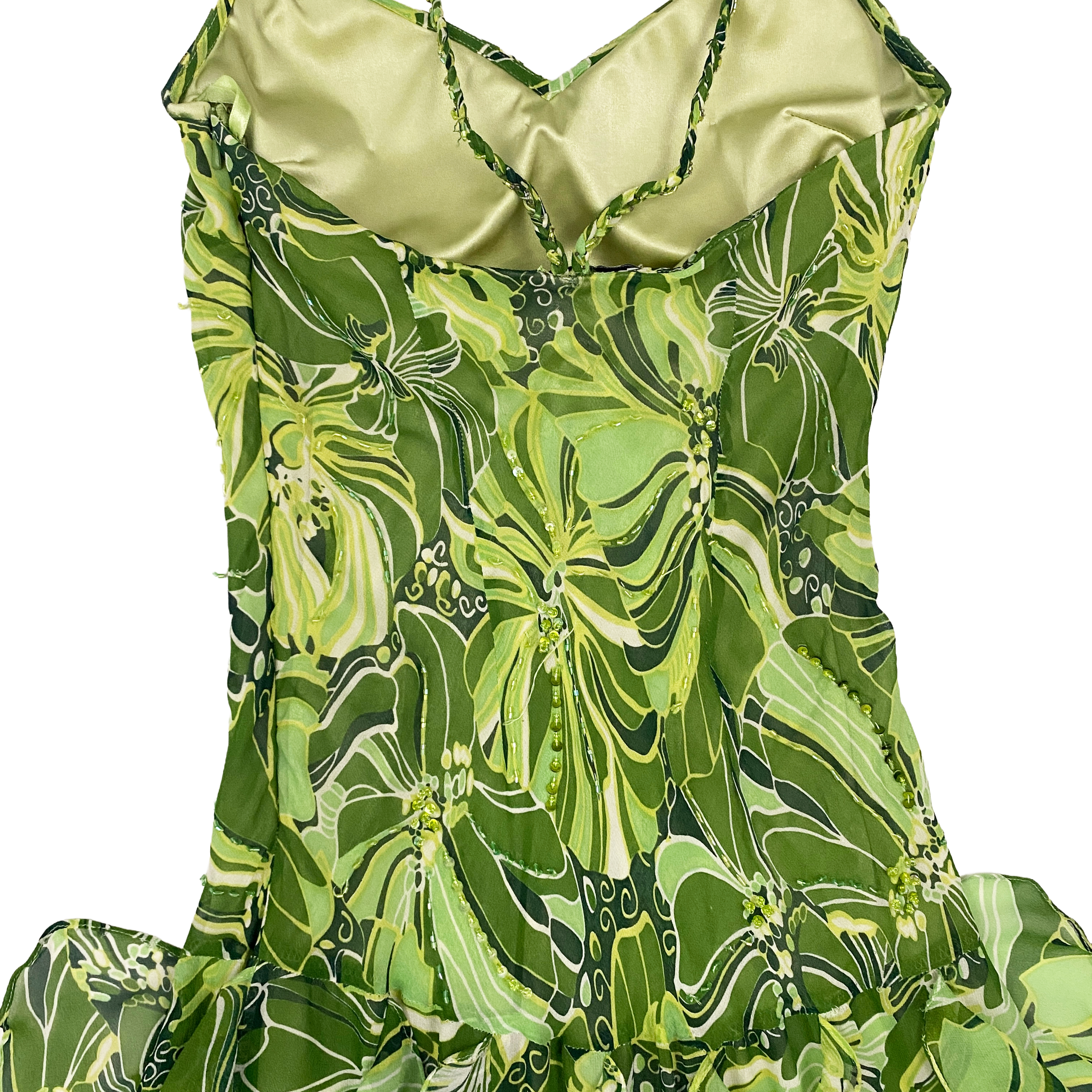 Sue Wong Lime Green Silk Embellished Floral Ruffle Fairy Dress (S/M)