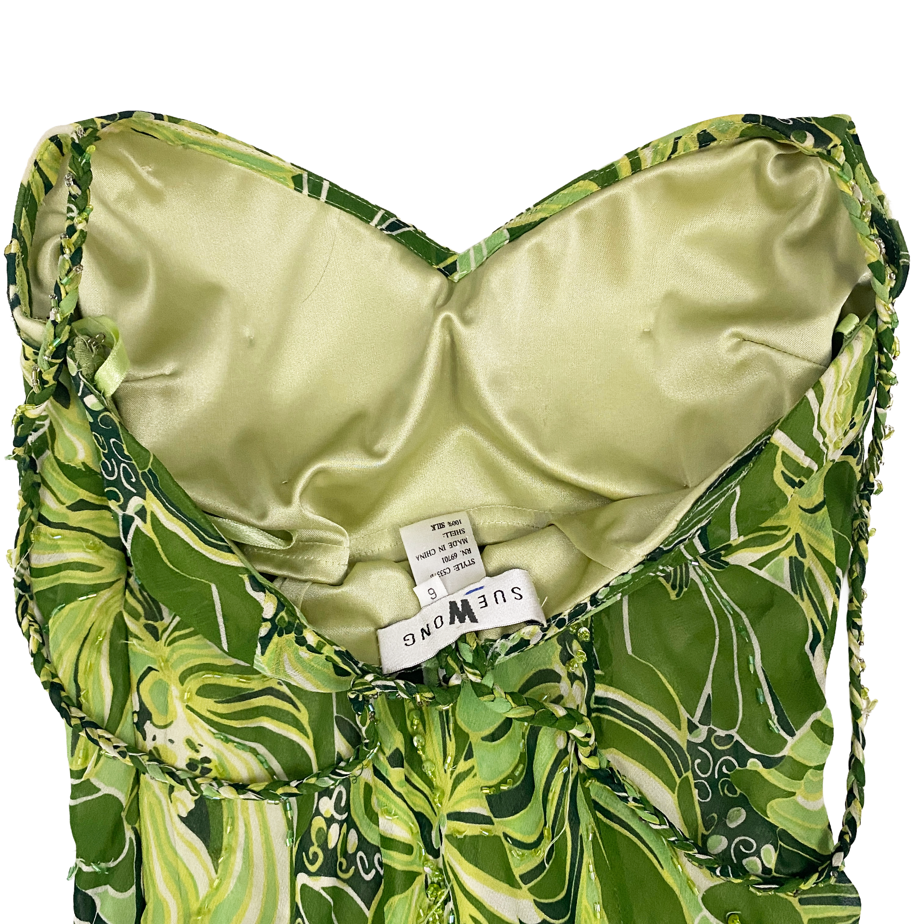 Sue Wong Lime Green Silk Embellished Floral Ruffle Fairy Dress (S/M)