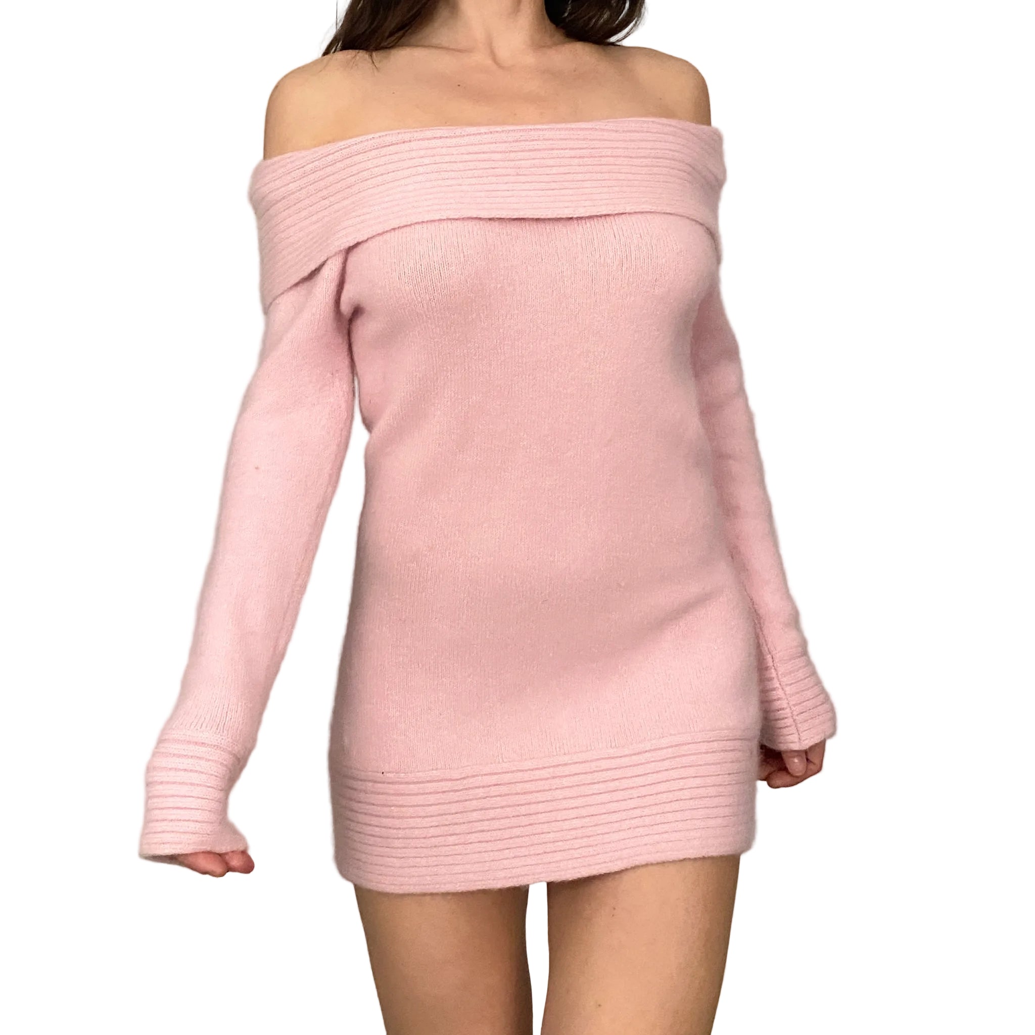 pink off the shoulder jumper dress Soft Pink Mini Sweater Dress (S)