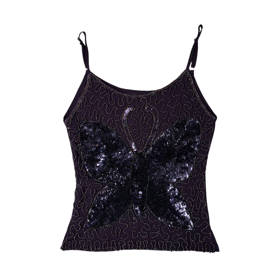 Beaded Butterfly Micro Mesh Tank Top (S)