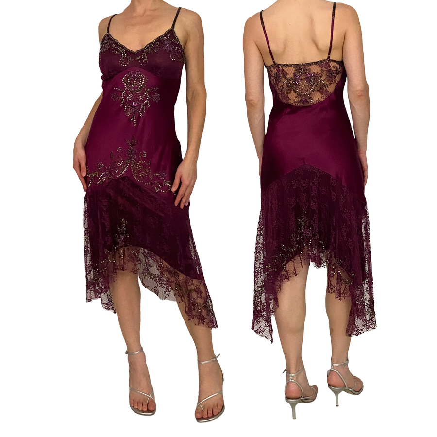 Sue Wong Nocturne Vintage Silk Plum Beaded Lace Handkerchief Dress (S)