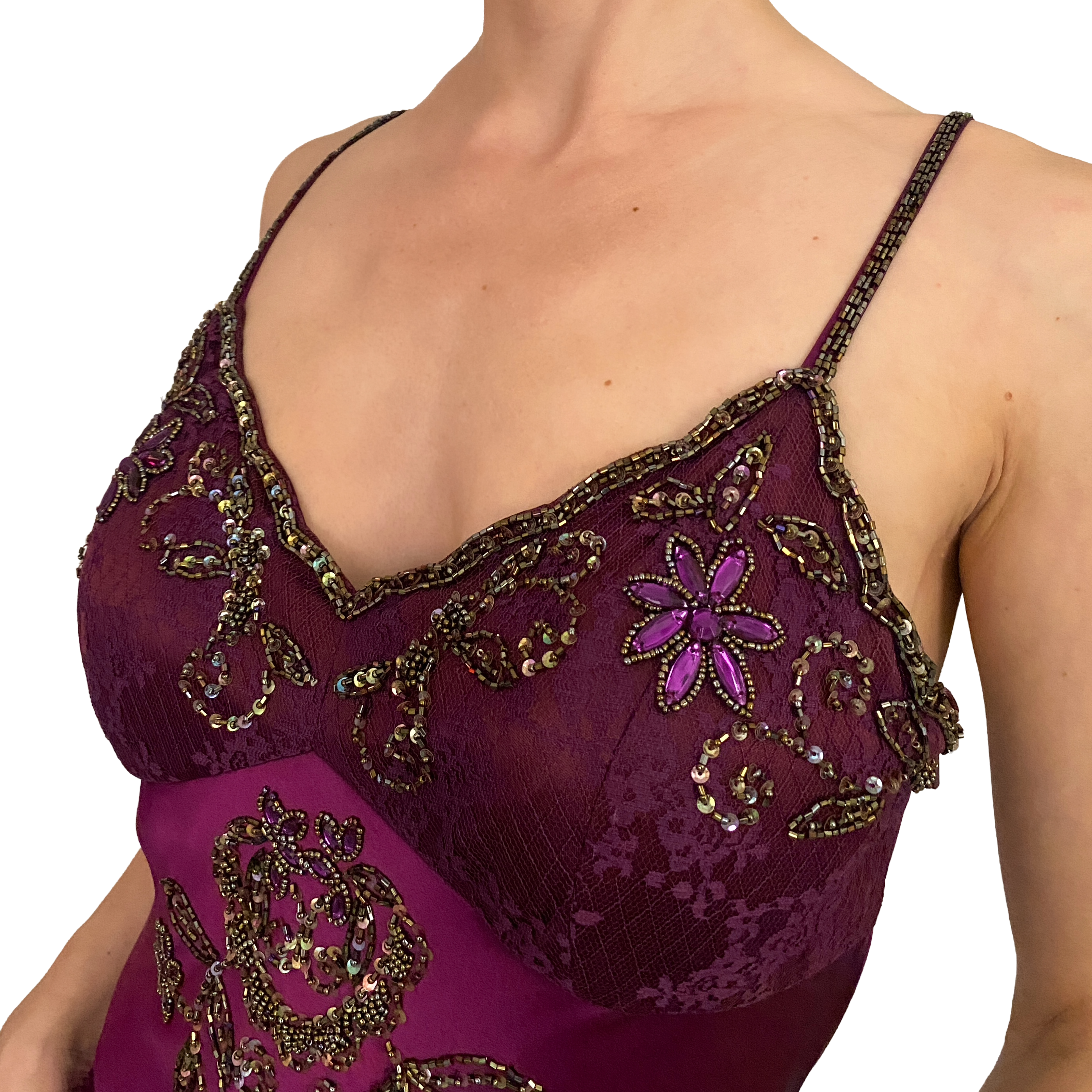 Sue Wong Nocturne Vintage Silk Plum Beaded Lace Handkerchief Dress (S)