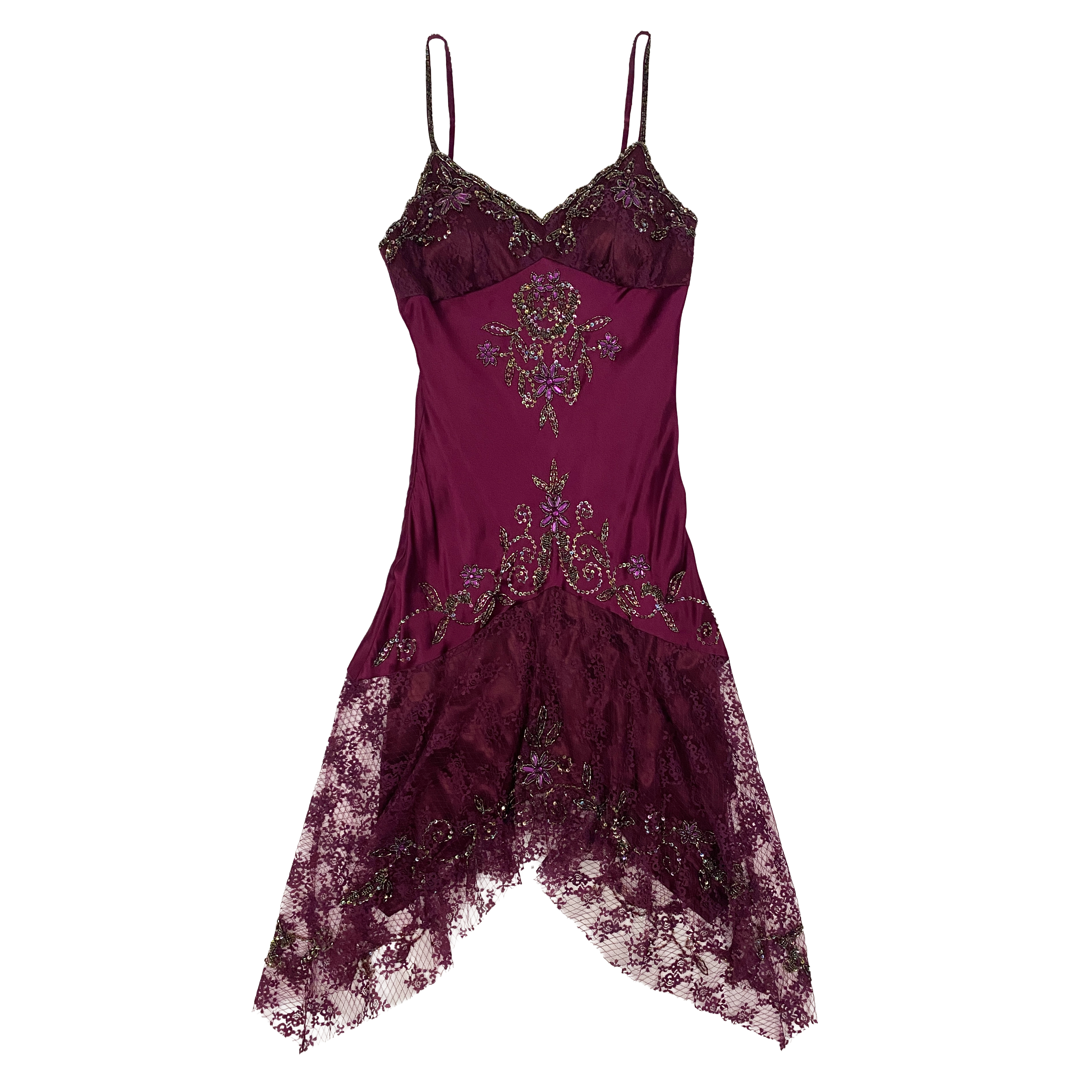 Sue Wong Nocturne Vintage Silk Plum Beaded Lace Handkerchief Dress (S)