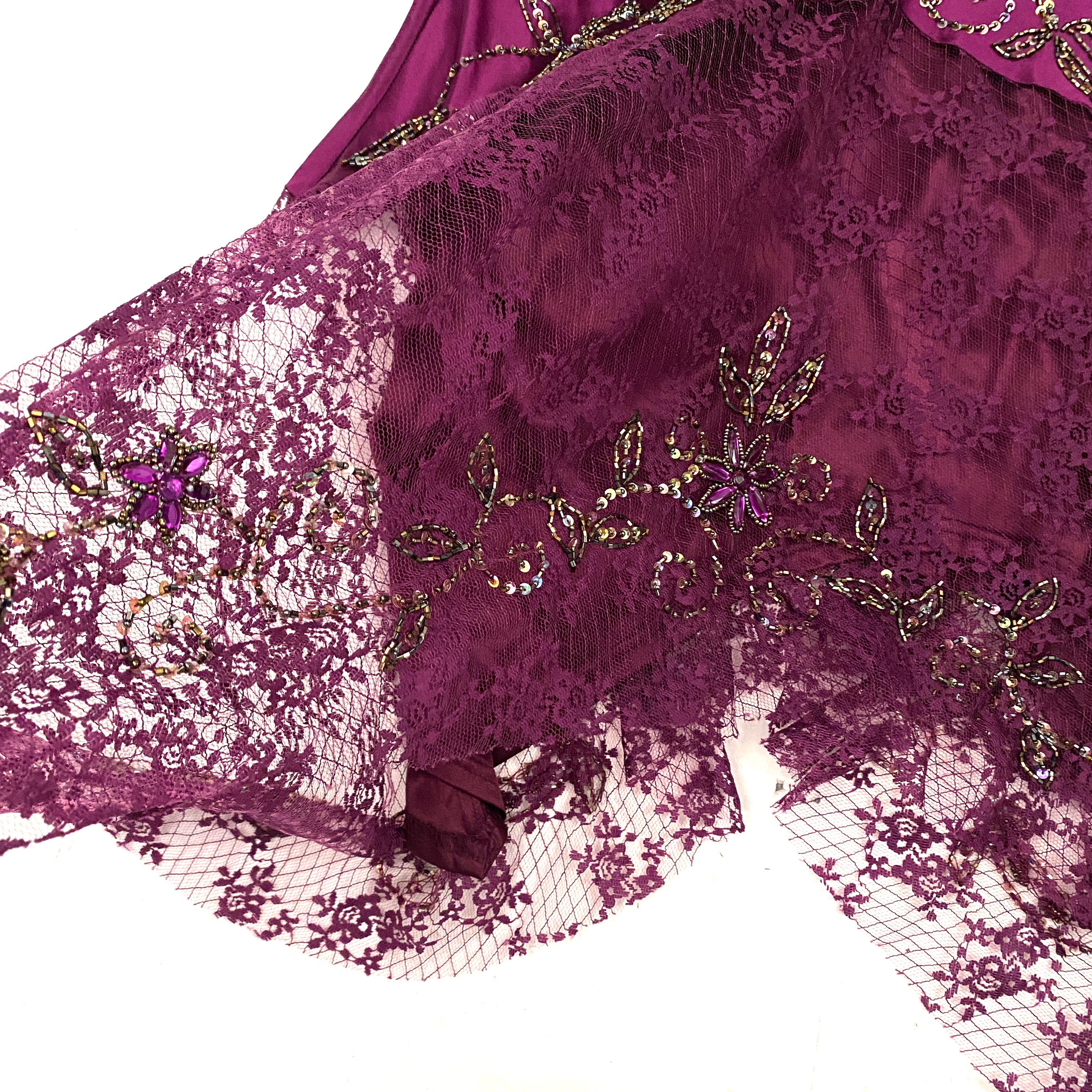 Sue Wong Nocturne Vintage Silk Plum Beaded Lace Handkerchief Dress (S)