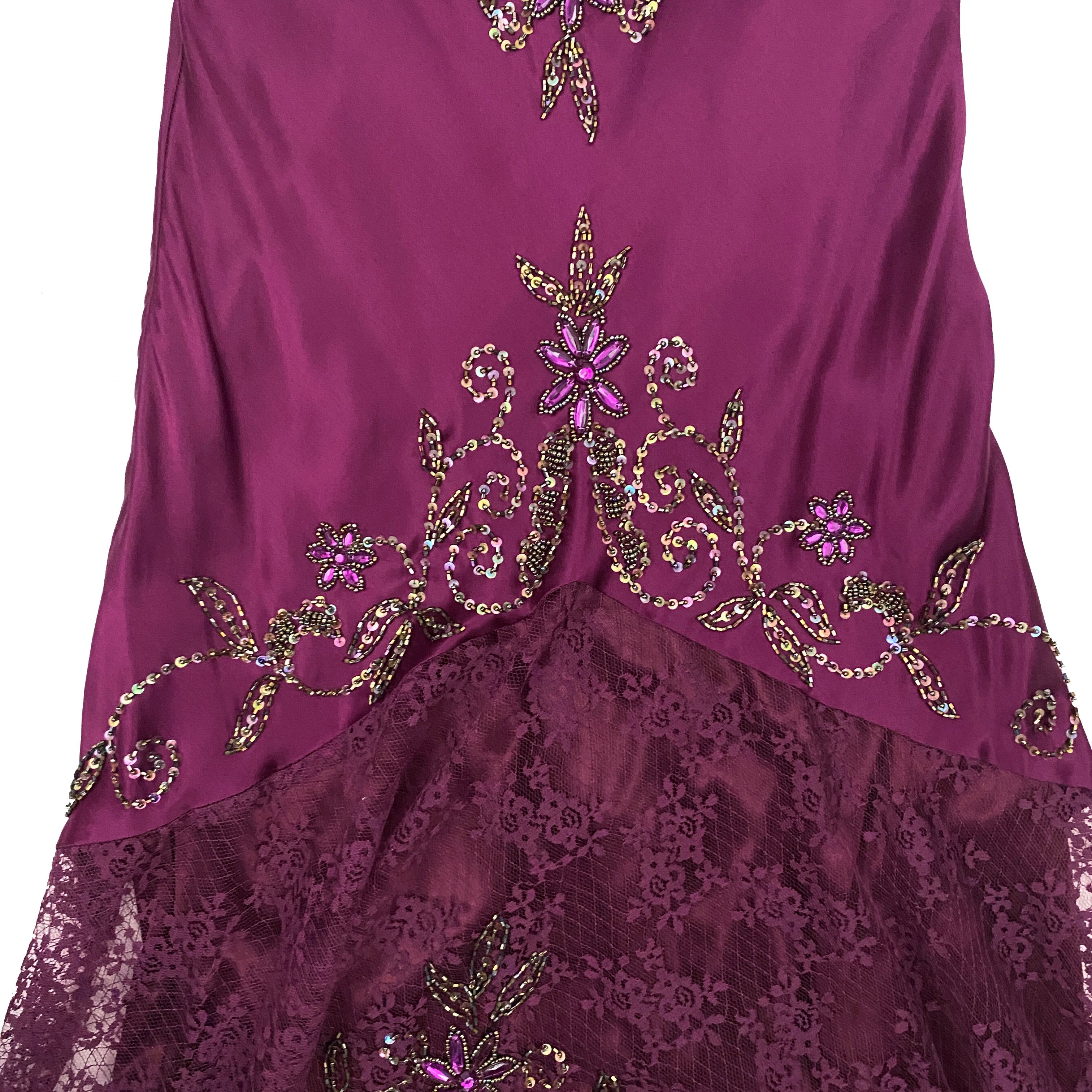 Sue Wong Nocturne Vintage Silk Plum Beaded Lace Handkerchief Dress (S)