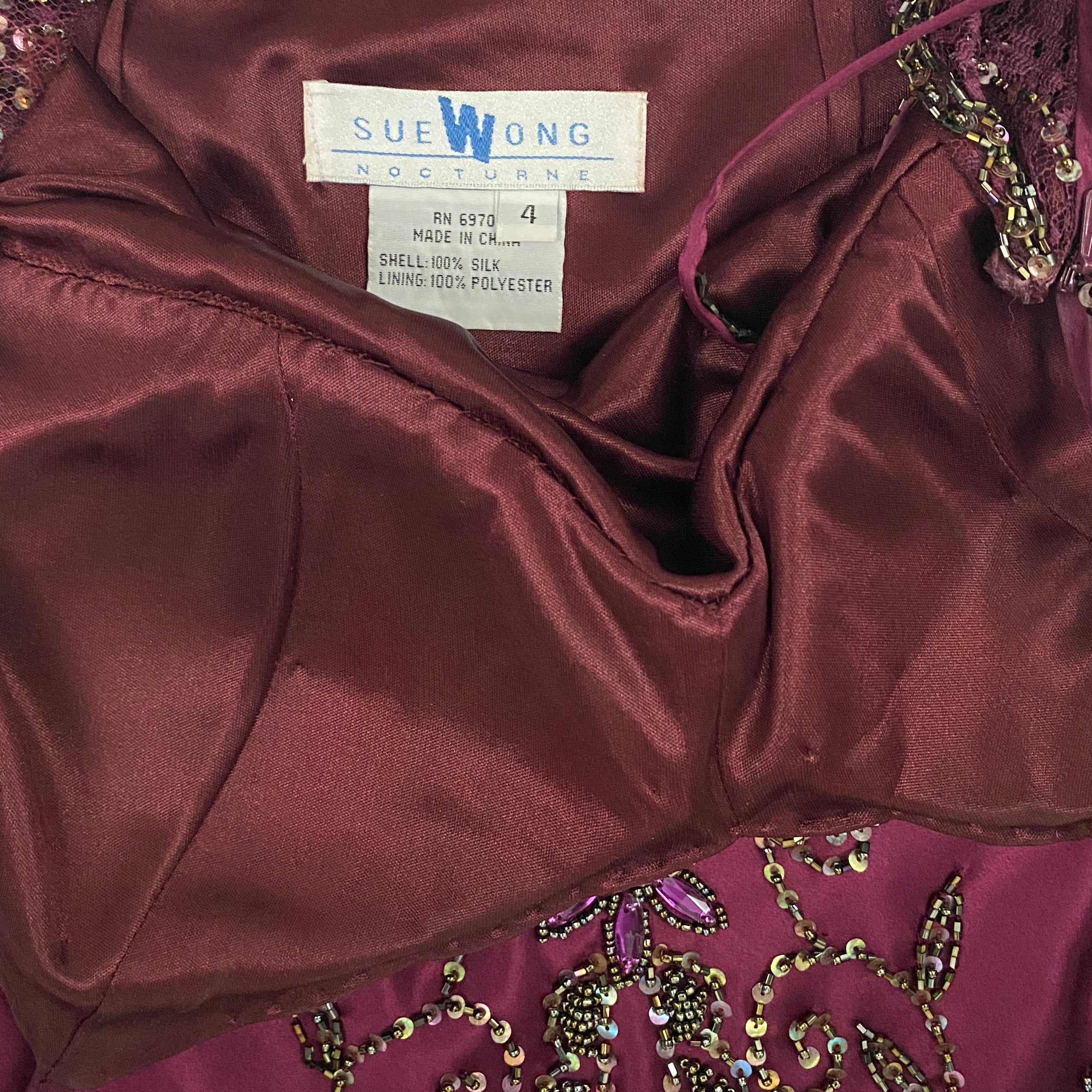 Sue Wong Nocturne Vintage Silk Plum Beaded Lace Handkerchief Dress (S)