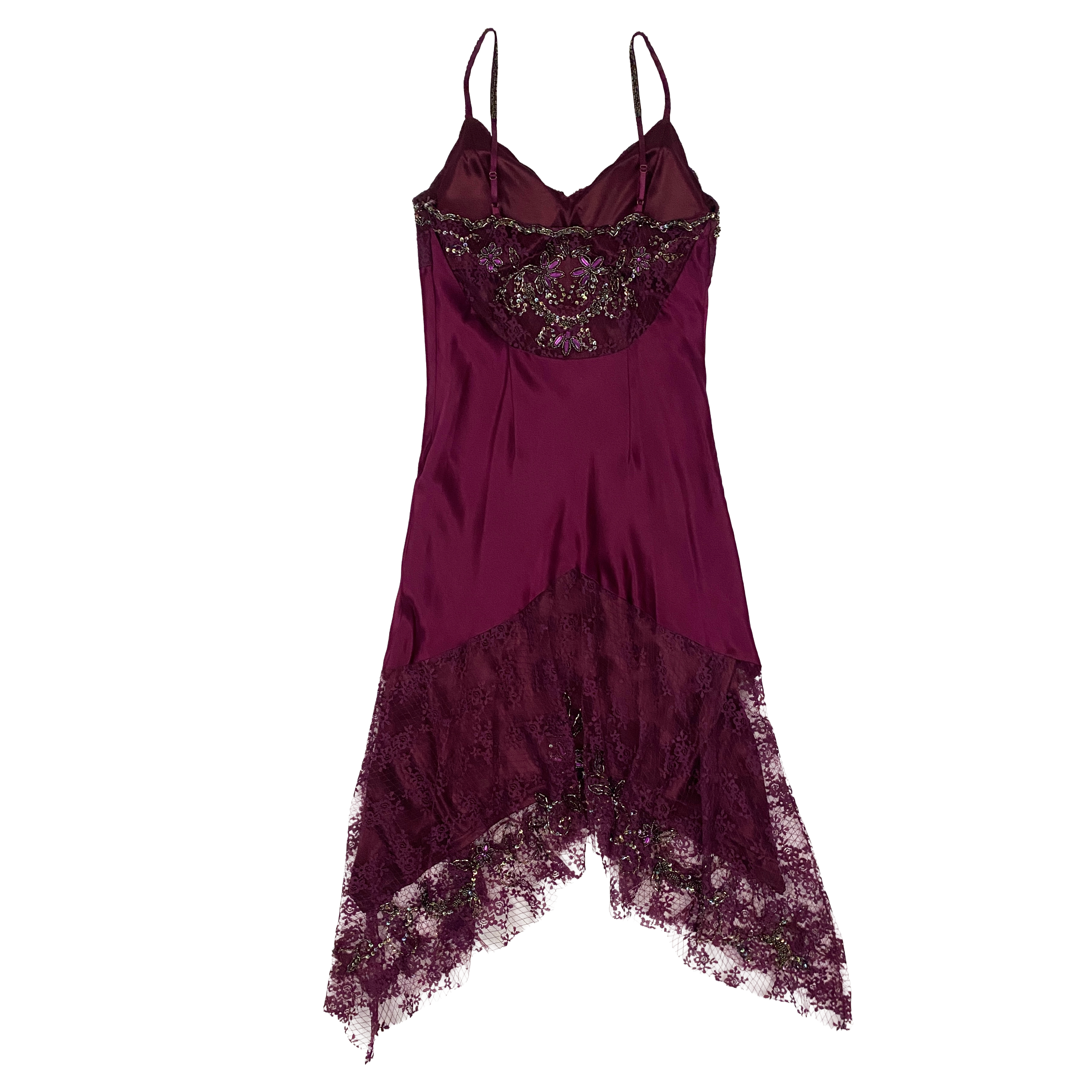 Sue Wong Nocturne Vintage Silk Plum Beaded Lace Handkerchief Dress (S)