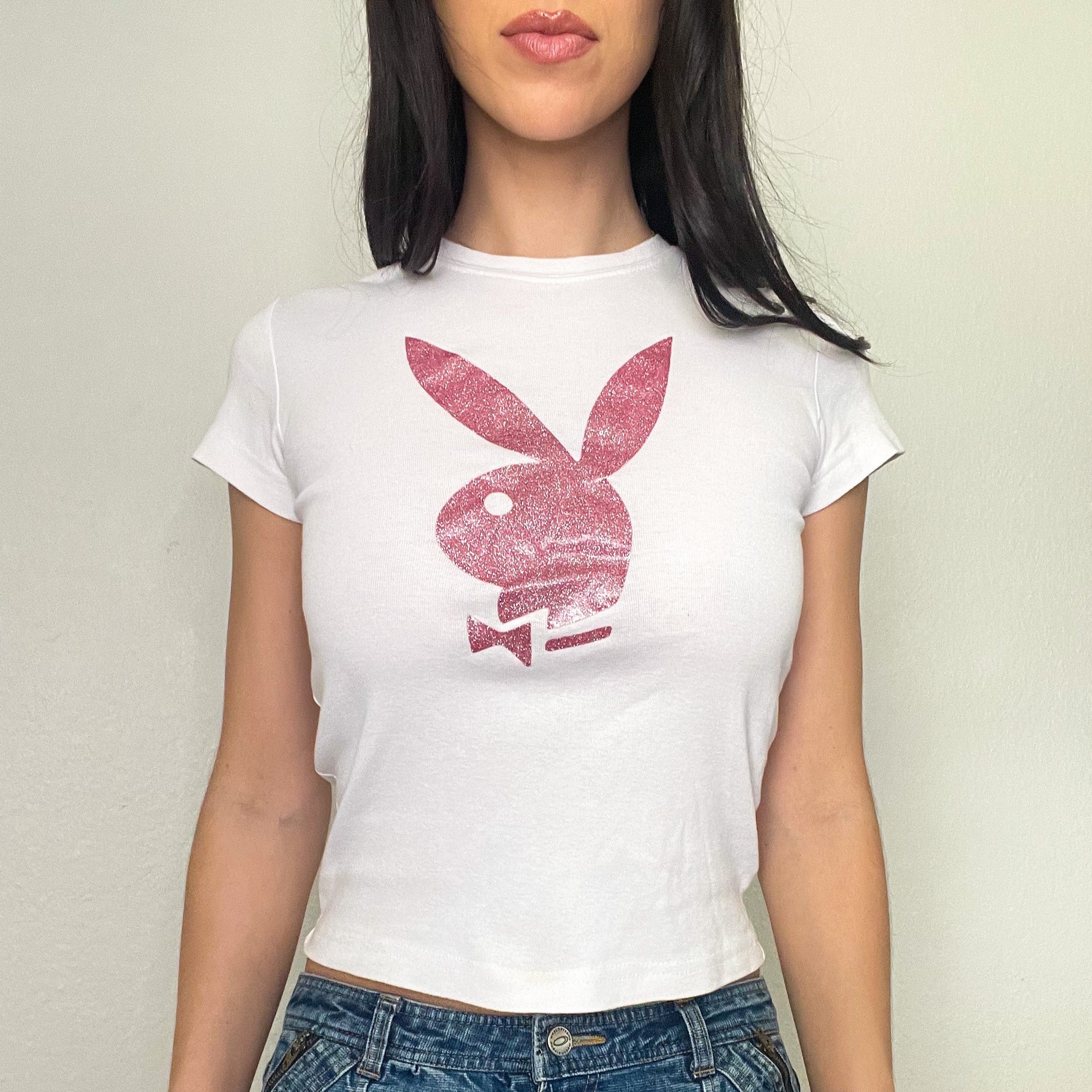 White and Pink Sparkle Playboy Baby Tee (S)