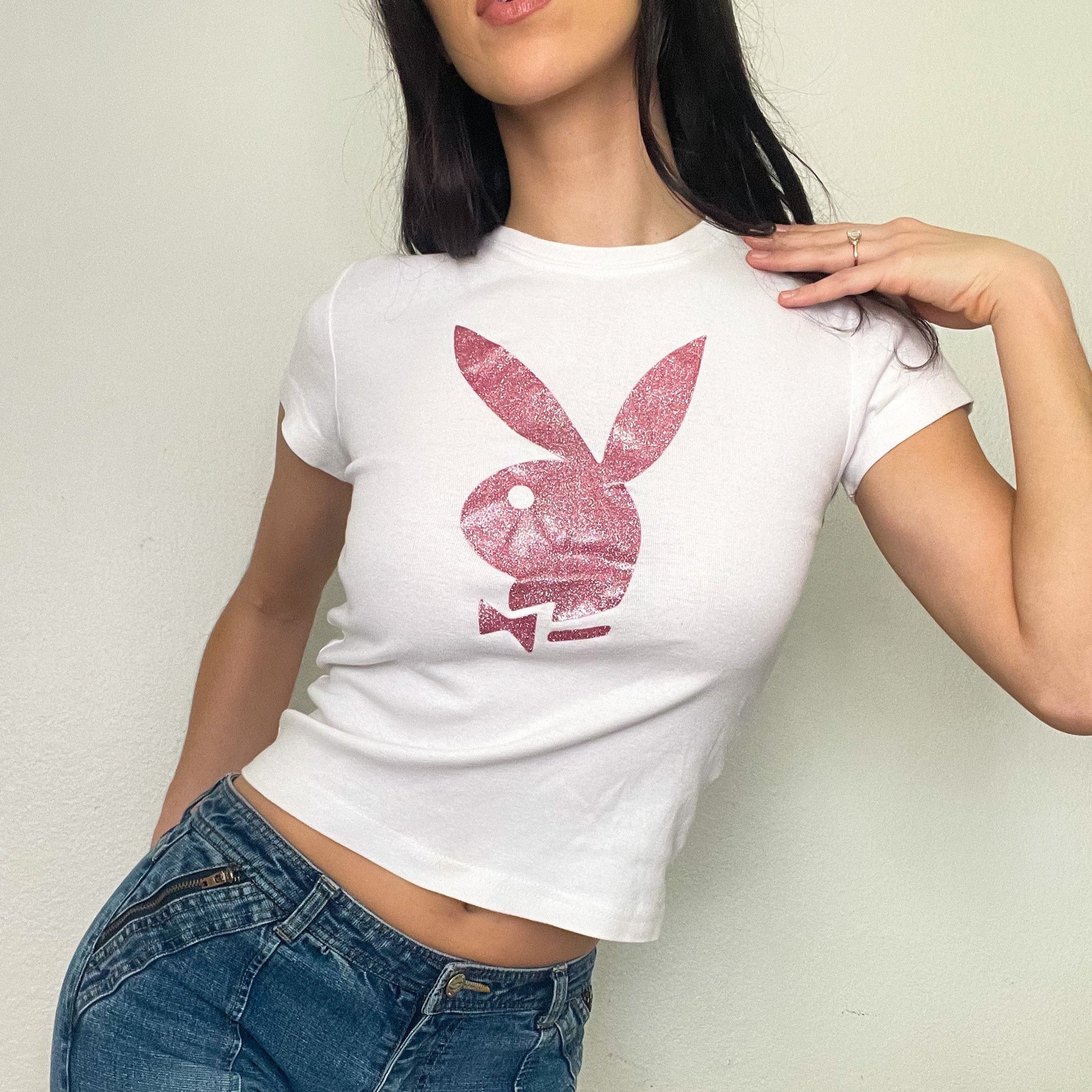 White and Pink Sparkle Playboy Baby Tee (S)