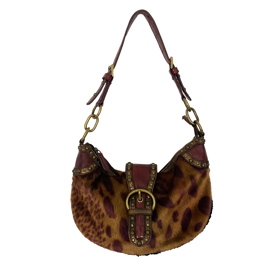 Nine West Y2K Leopard Faux Fur Studded Buckle Shoulder Bag