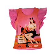 Micro Mesh Retro Pinup Girl Graphic Top (S-M)