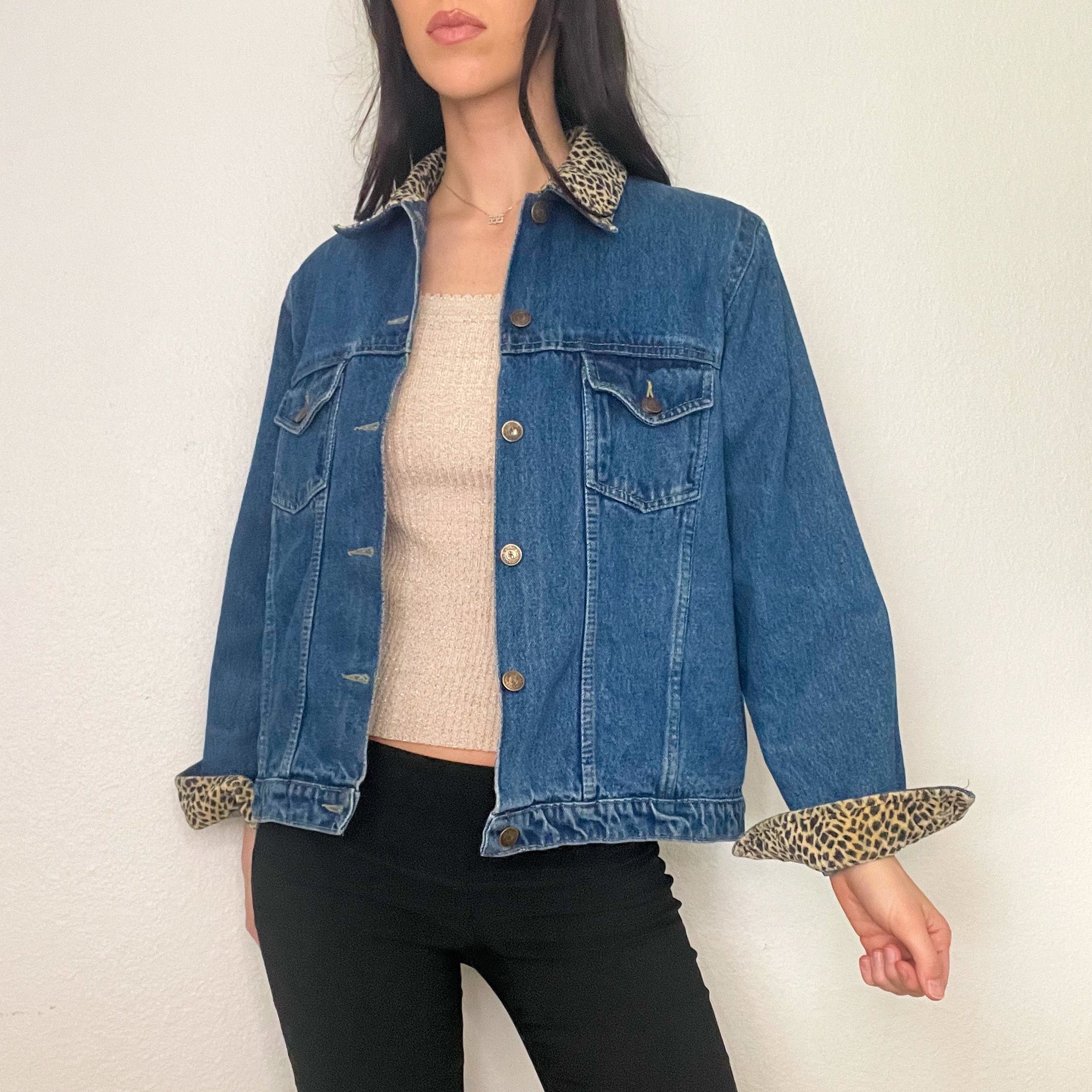 Cheetah Print 90s Oversized Denim Jacket (M/L)