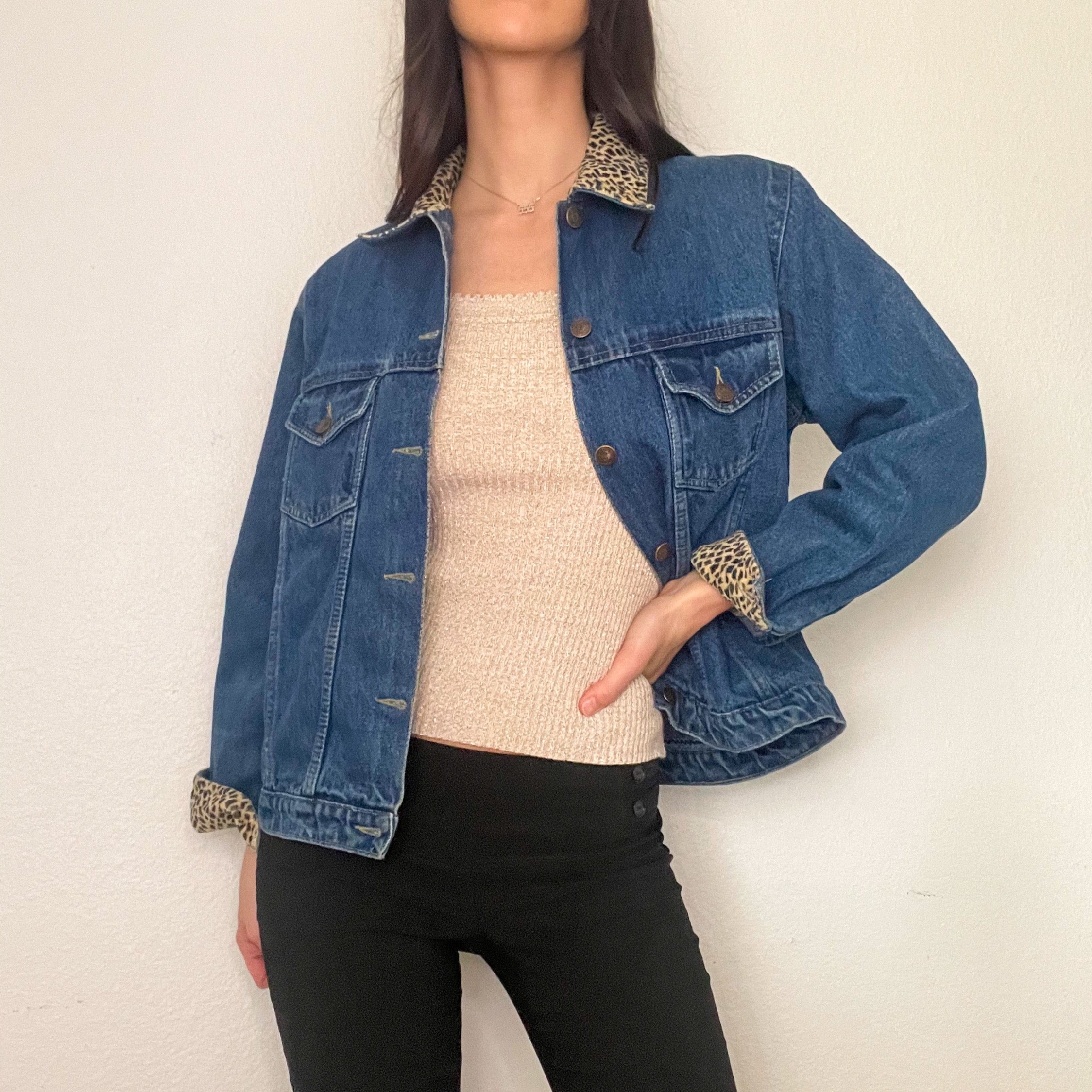 Cheetah Print 90s Oversized Denim Jacket (M/L)