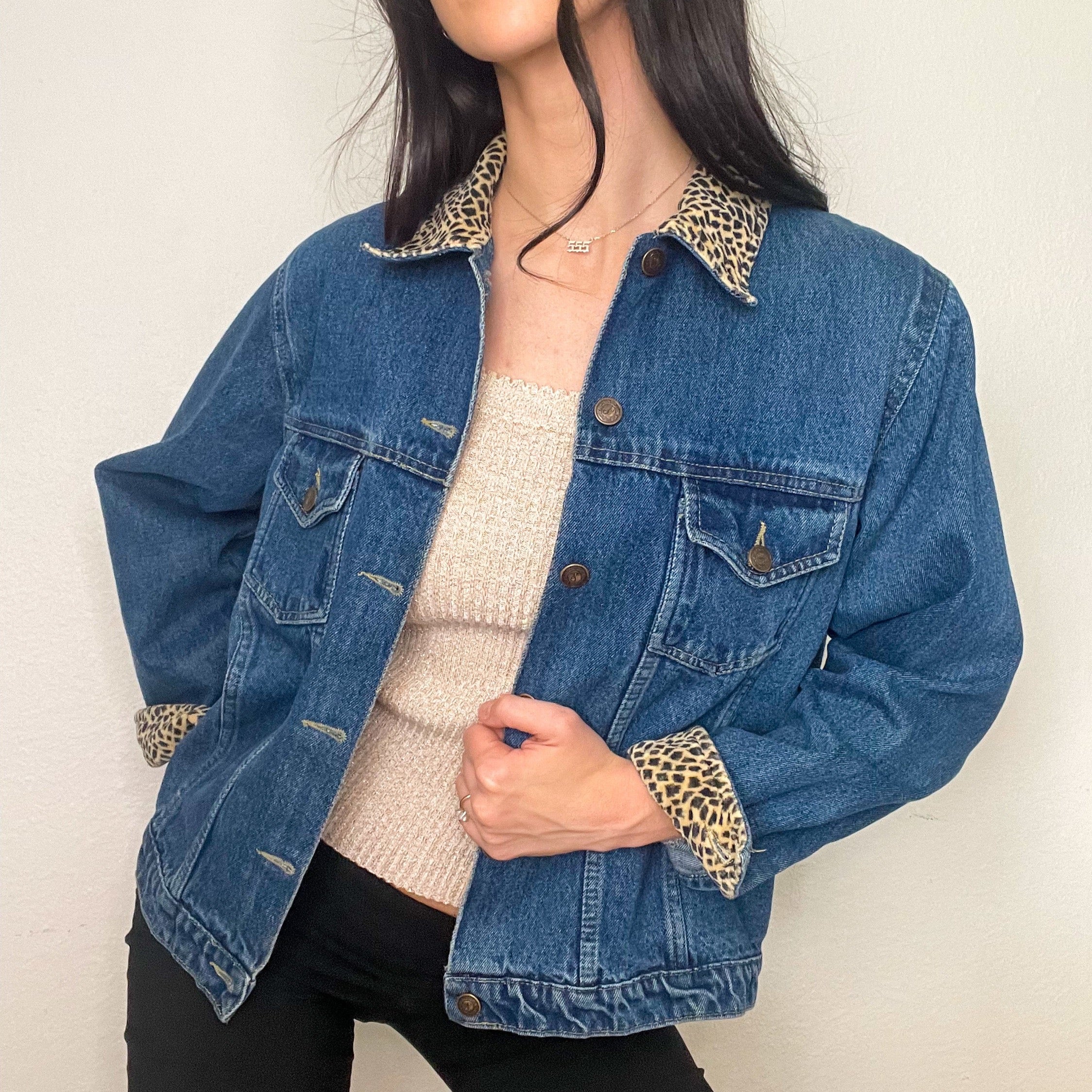 Cheetah Print 90s Oversized Denim Jacket (M/L)