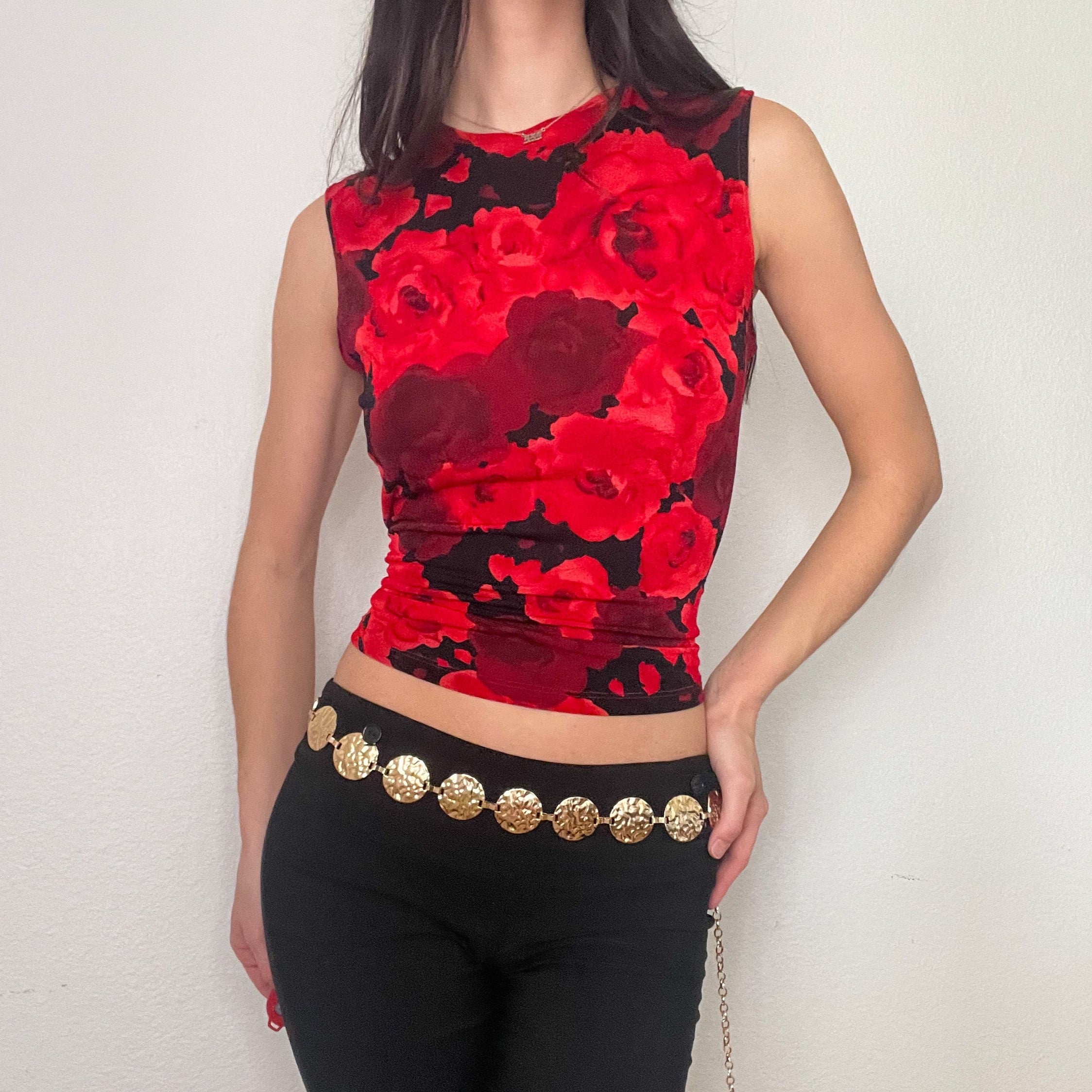 Red Floral Slinky Fall Tank Top (L)