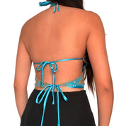 Rare Blue & Gold Beaded Butterfly Backless Halter Top (S/M)