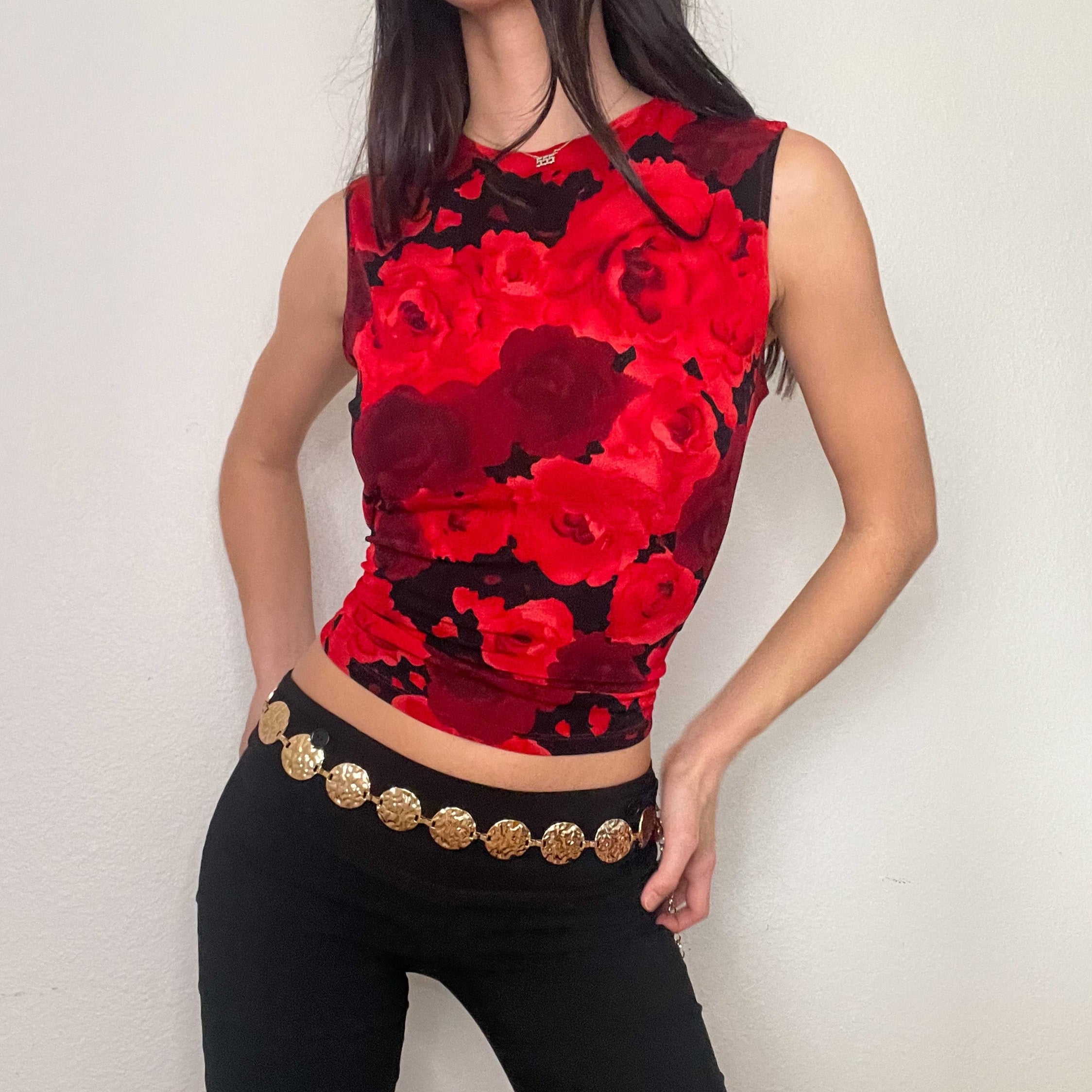 Red Floral Slinky Fall Tank Top (L)