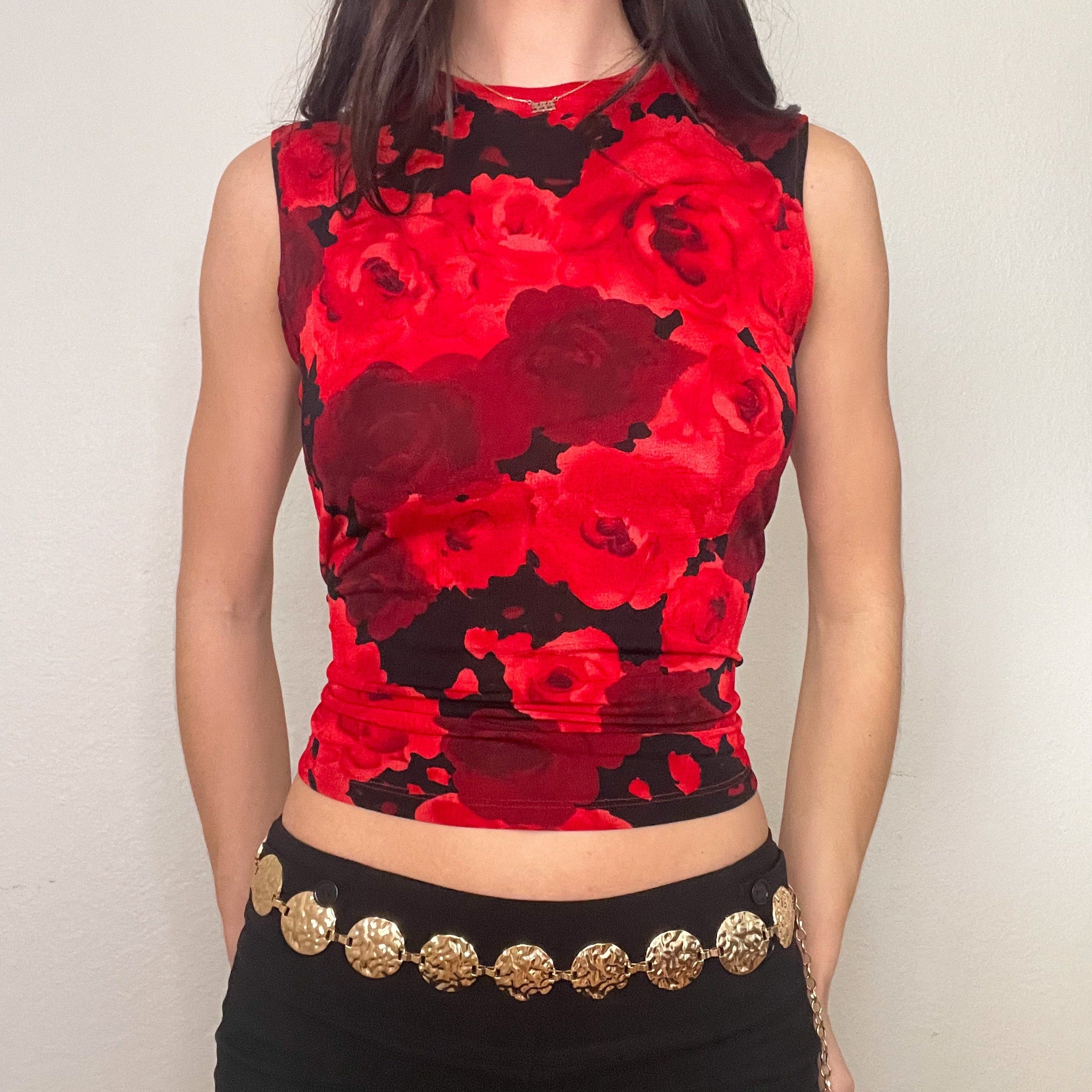 Red Floral Slinky Fall Tank Top (L)