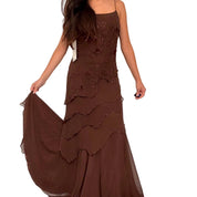 Deadstock Y2K Brown Silk Beaded Ruffle Maxi Dress (M/L)