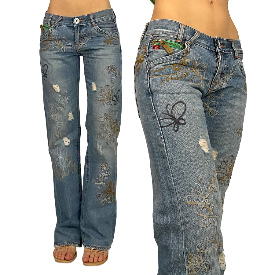 Miss Sixty 2000s Butterfly Embroidered Low Rise Boot Cut Jeans (S)