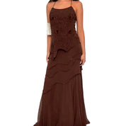 Deadstock Y2K Brown Silk Beaded Ruffle Maxi Dress (M/L)