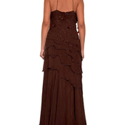 Deadstock Y2K Brown Silk Beaded Ruffle Maxi Dress (M/L)