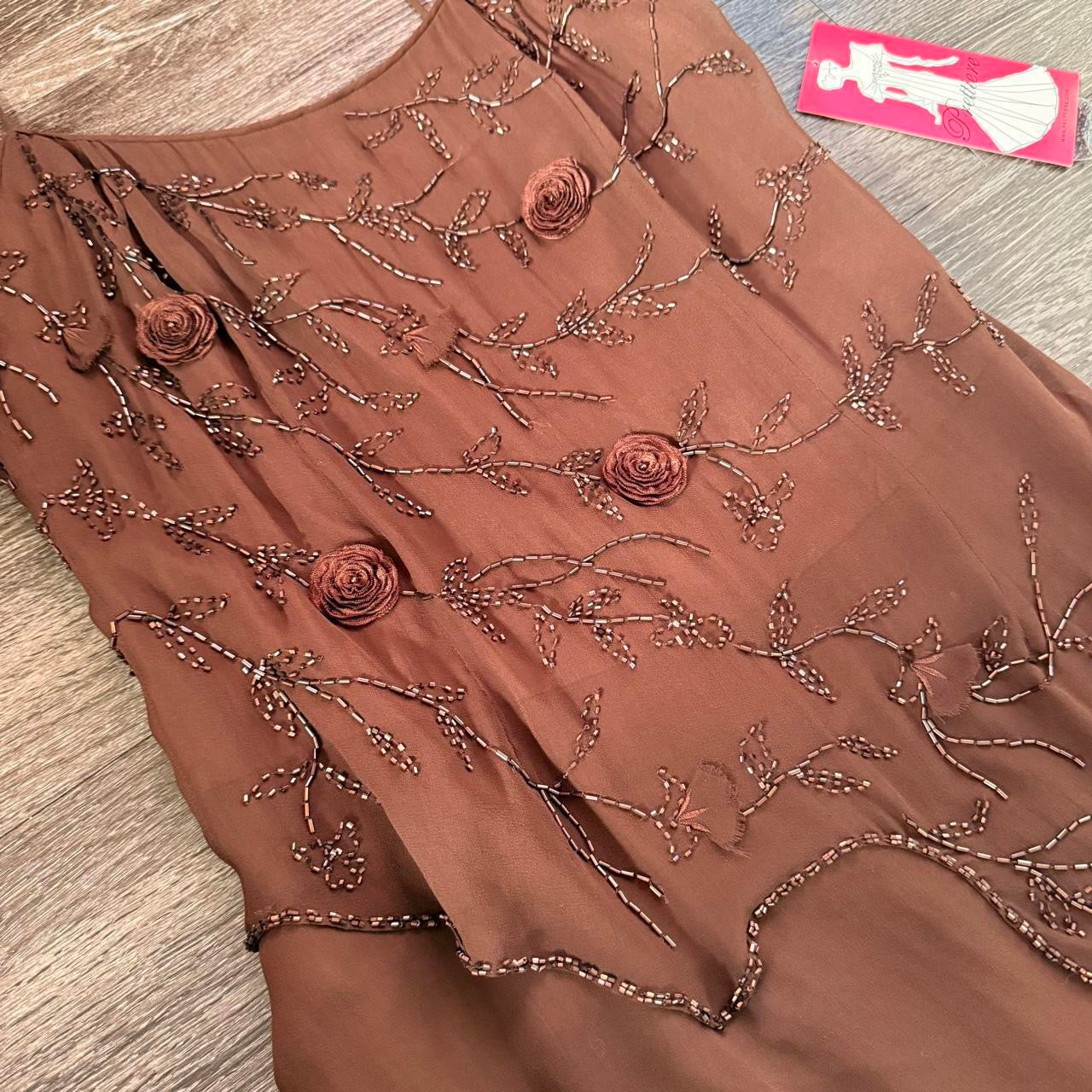 Deadstock Y2K Brown Silk Beaded Ruffle Maxi Dress (M/L)