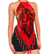 Handmade Red Silk Velvet Beaded Tassel Backless Halter Top (XS-L)