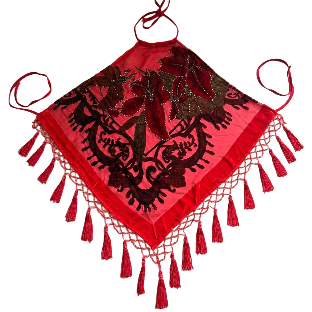 Handmade Red Silk Velvet Beaded Tassel Backless Halter Top (XS-L)