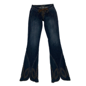 Bebe 2000s Low Rise Lace-Up Applique Flare Jeans (XS/S)