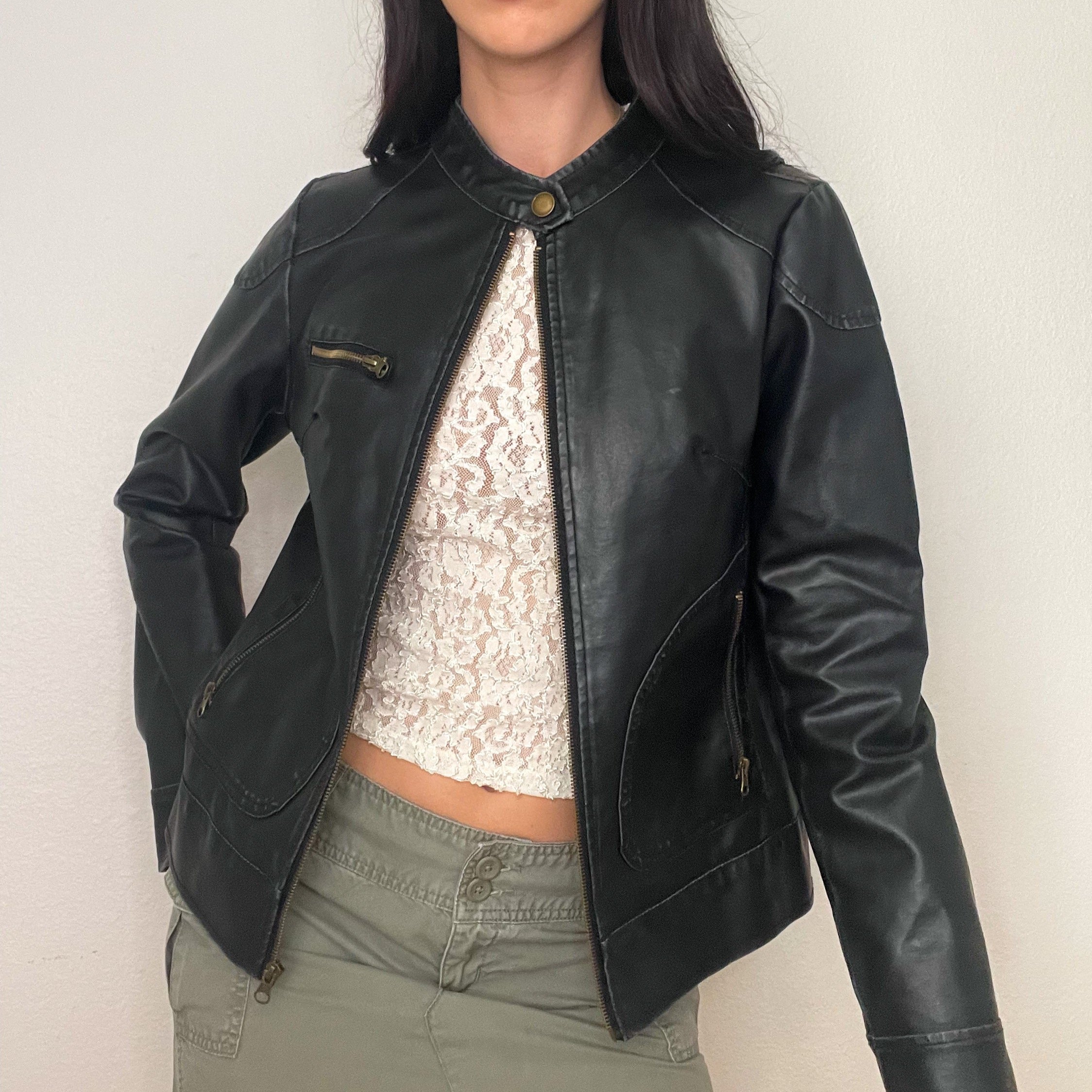 Black Moto Vegan Leather Jacket (L)