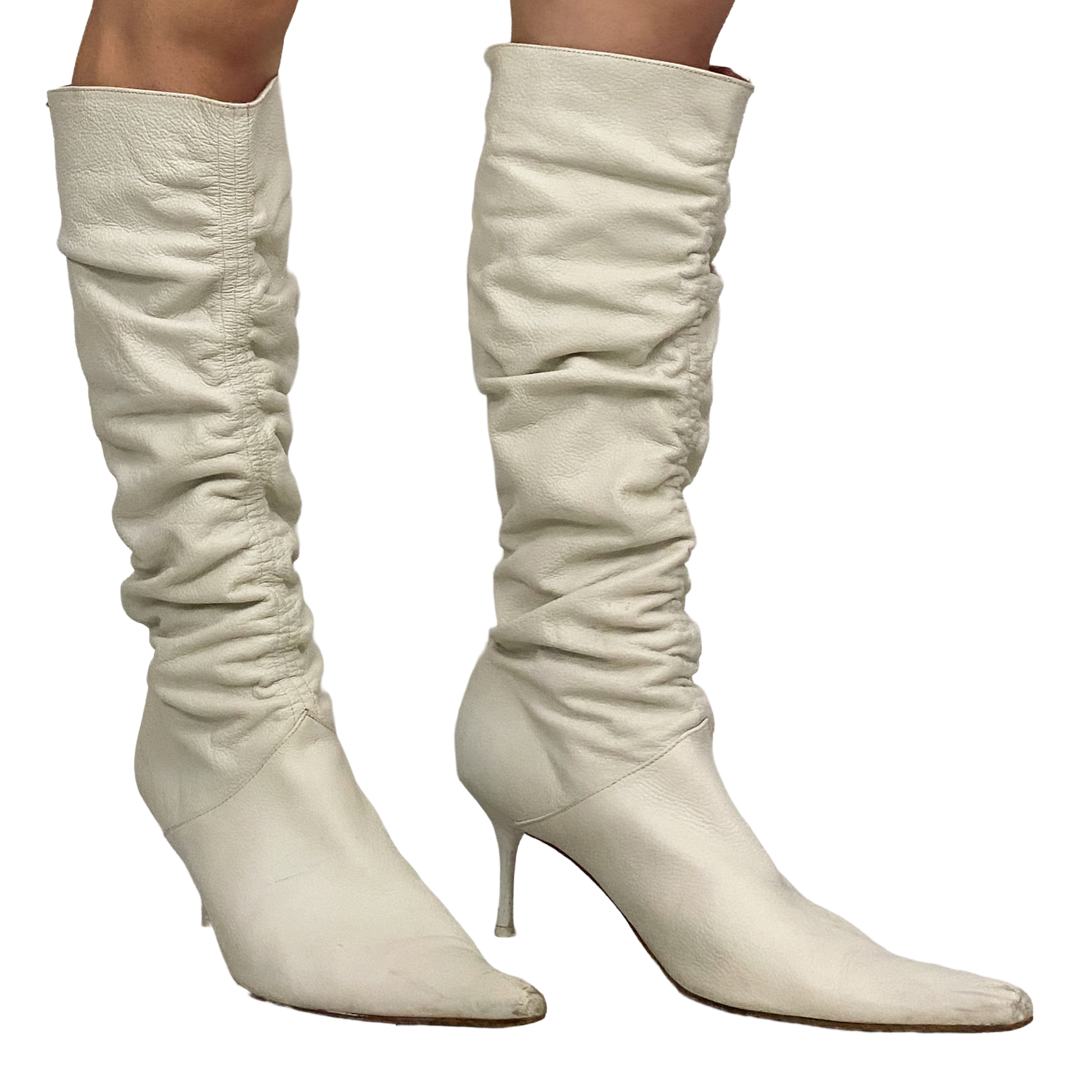 Miss Sixty 2000s White Leather Ruched Knee High Heeled Boots (10)