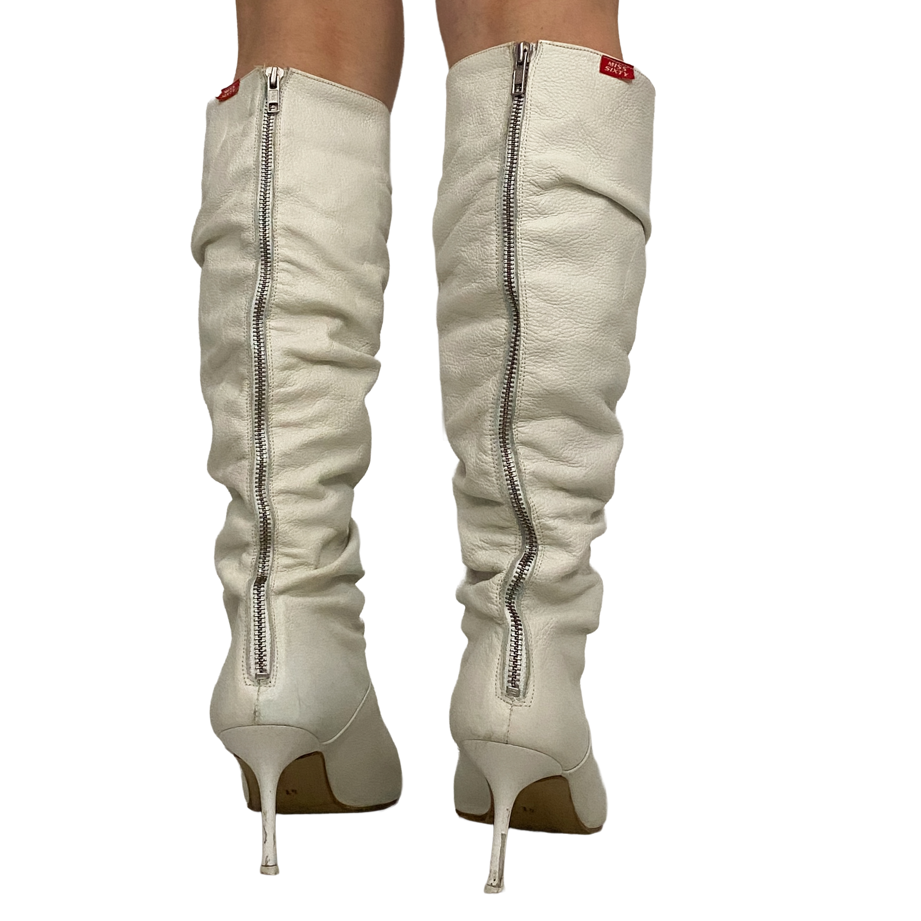 Miss Sixty 2000s White Leather Ruched Knee High Heeled Boots (10)
