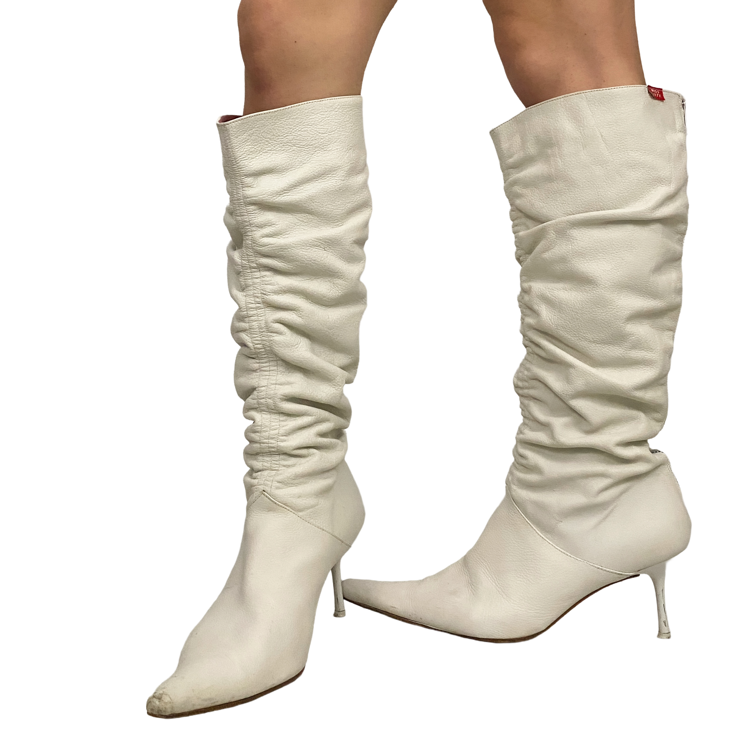 Miss Sixty 2000s White Leather Ruched Knee High Heeled Boots (10)