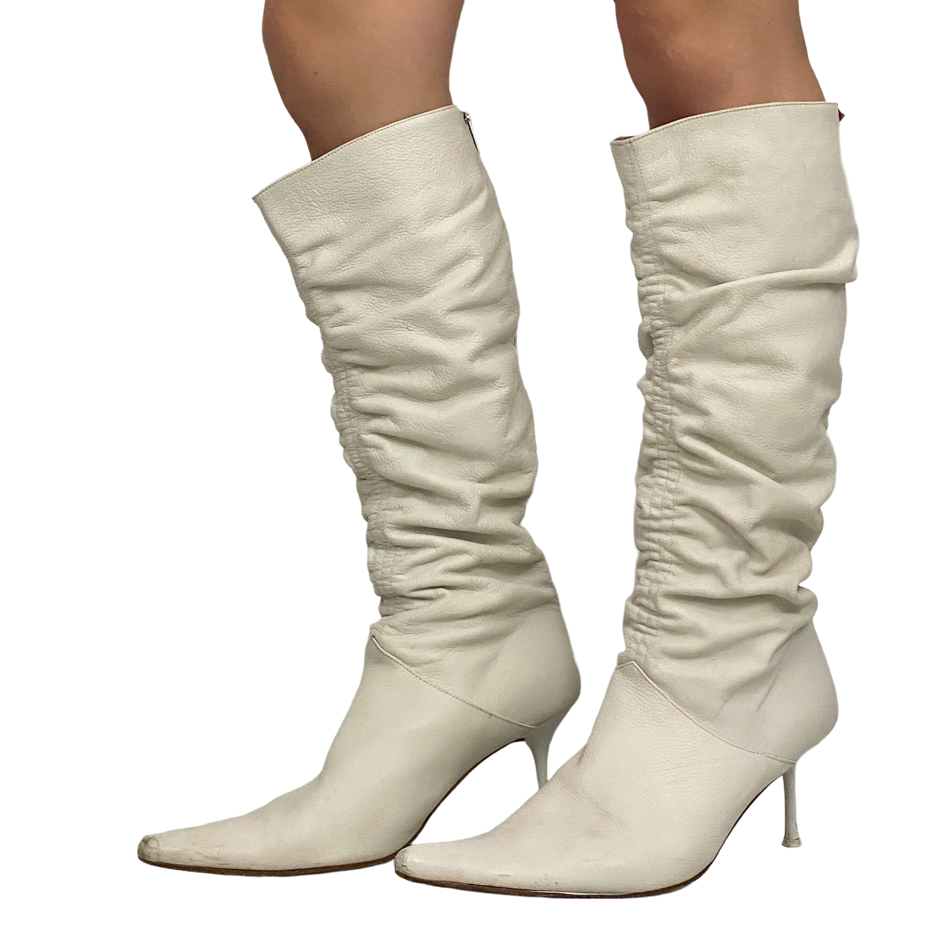 Miss Sixty 2000s White Leather Ruched Knee High Heeled Boots (10)