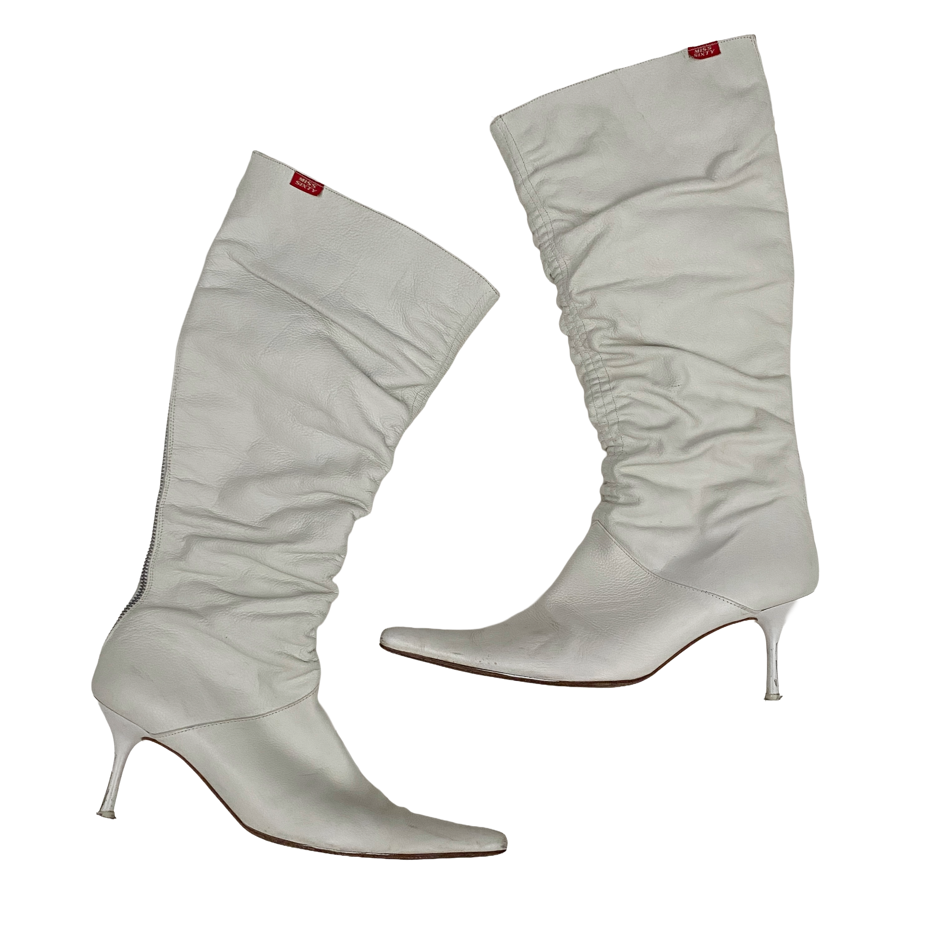 Miss Sixty 2000s White Leather Ruched Knee High Heeled Boots (10)