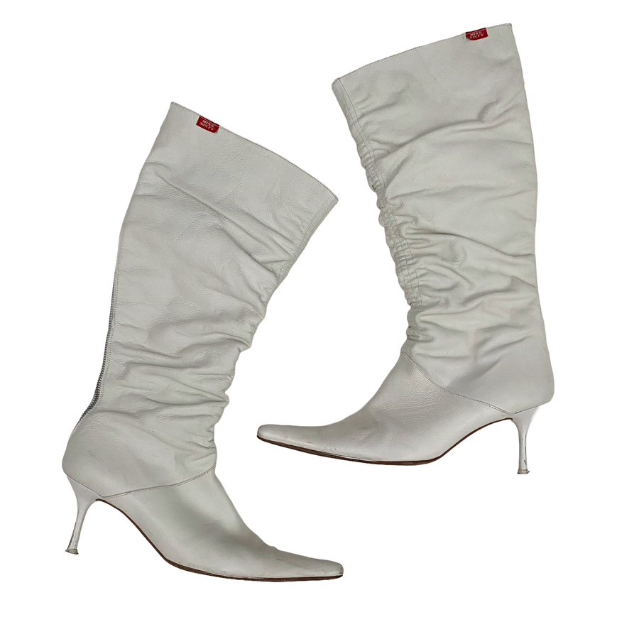 Miss Sixty 2000s White Leather Ruched Knee High Heeled Boots (10)