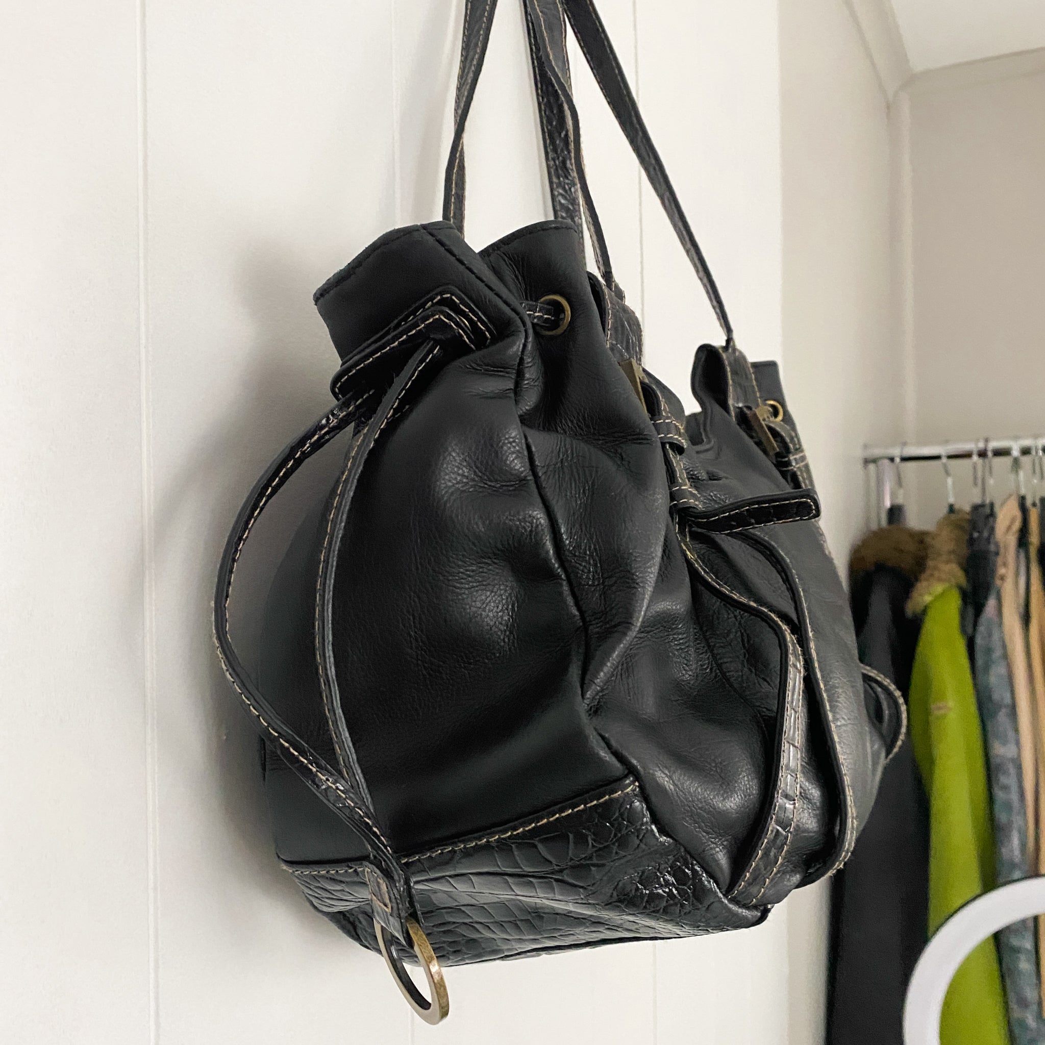 Black Leather Buckle Shoulder Bag
