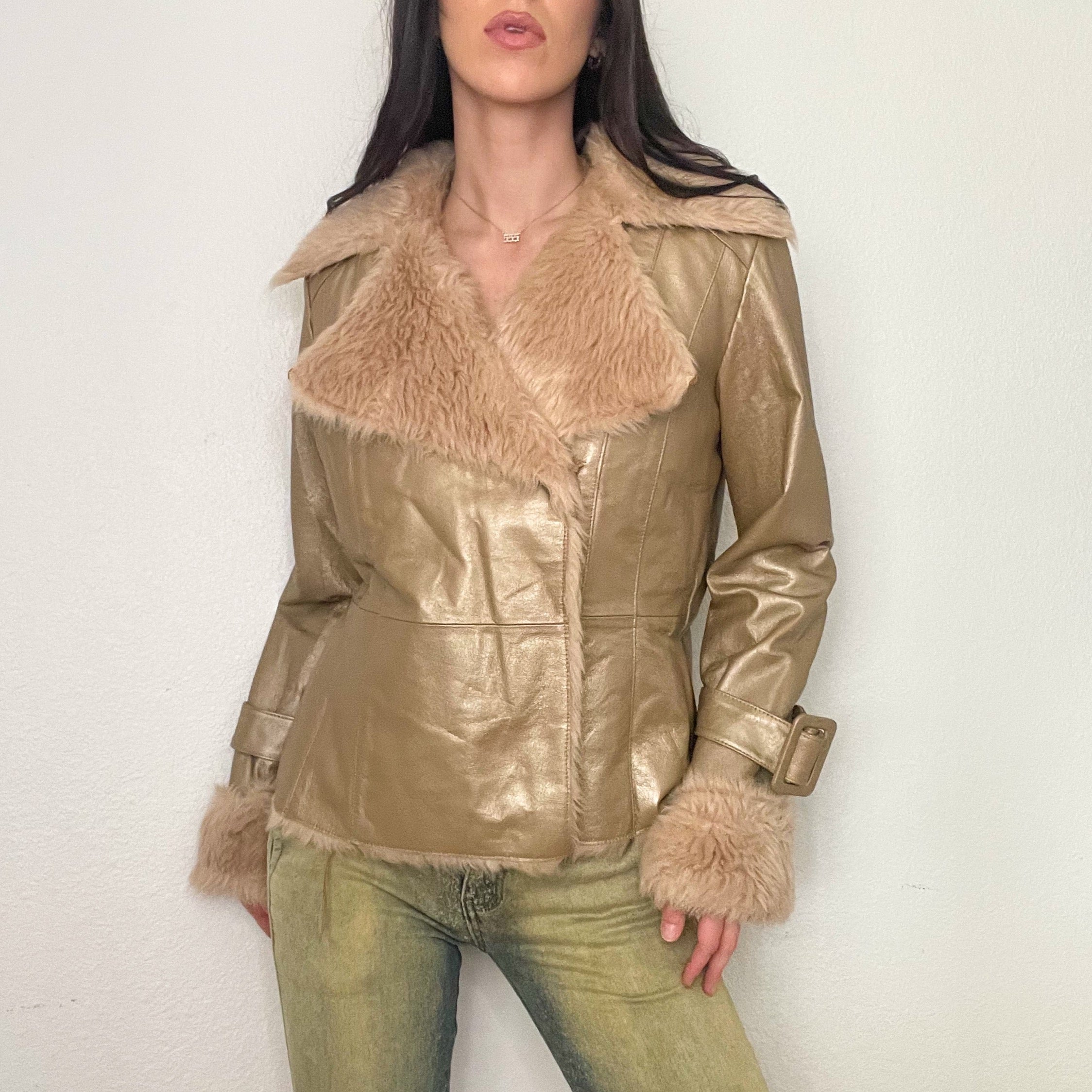 Gold Faux Fur Penny Lane Coat (M)