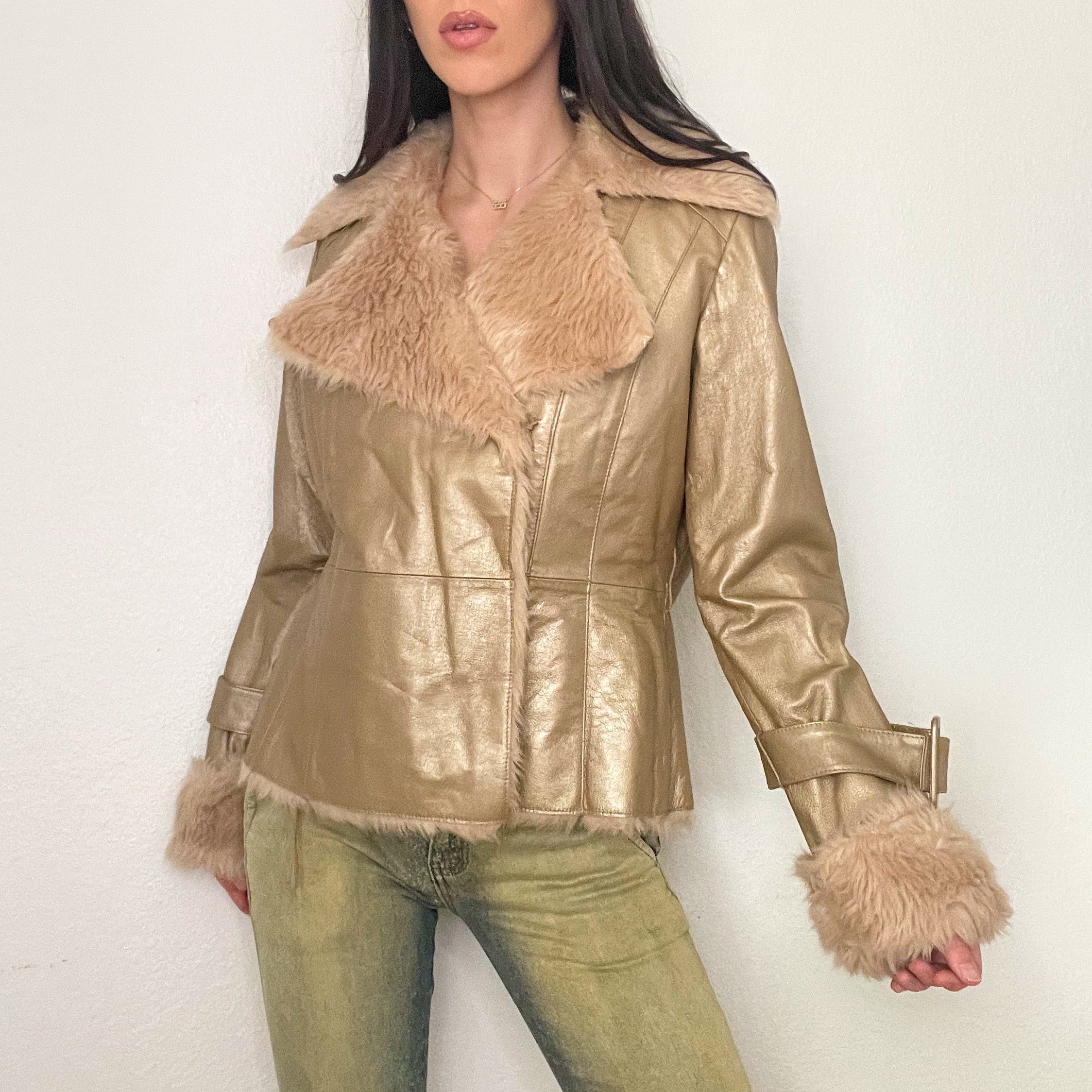 Gold Faux Fur Penny Lane Coat (M)