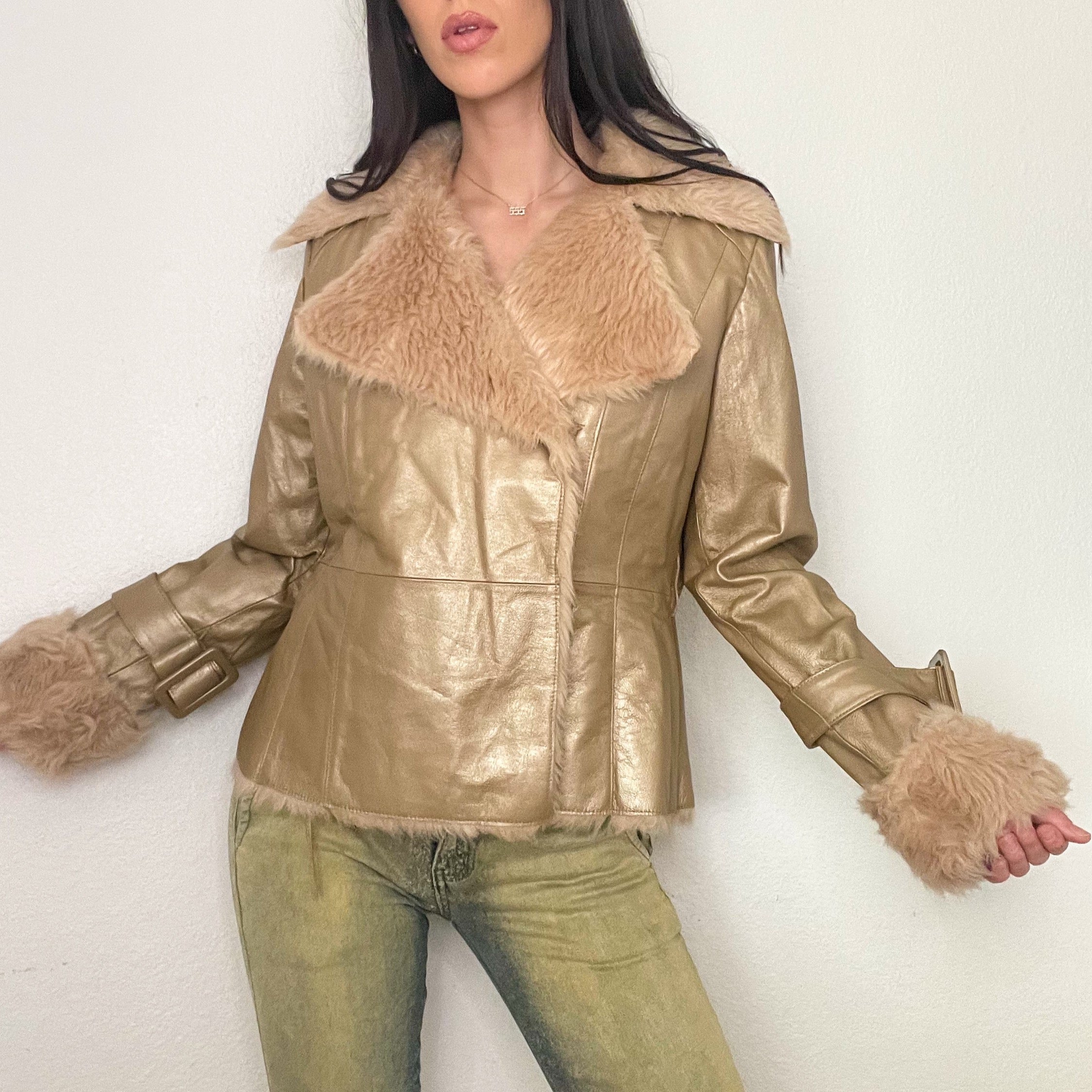 Gold Faux Fur Penny Lane Coat (M)